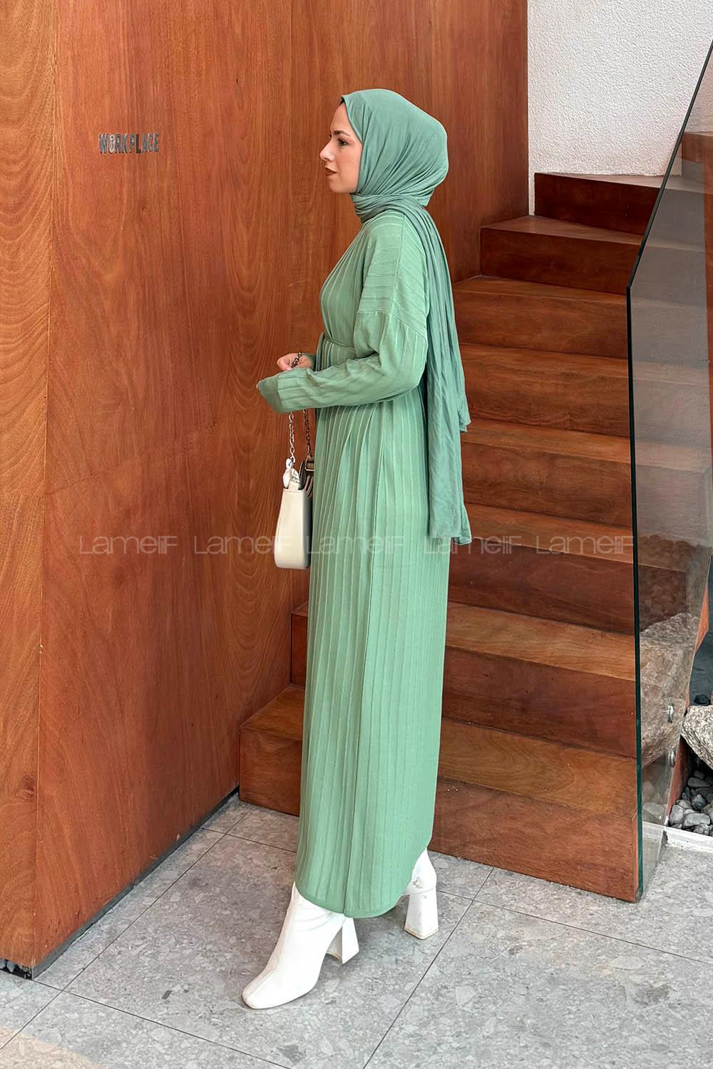 Lamelif Dikiş Detaylı Tesettür Elbise Yeşil