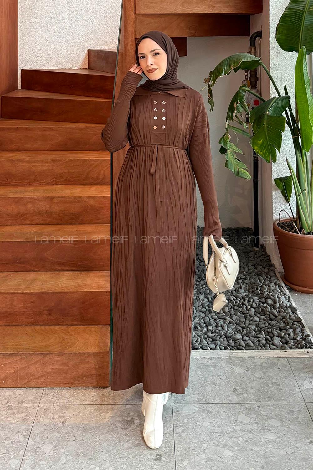 Lamelif Düğme Detaylı Desenli Elbise Acı Kahve