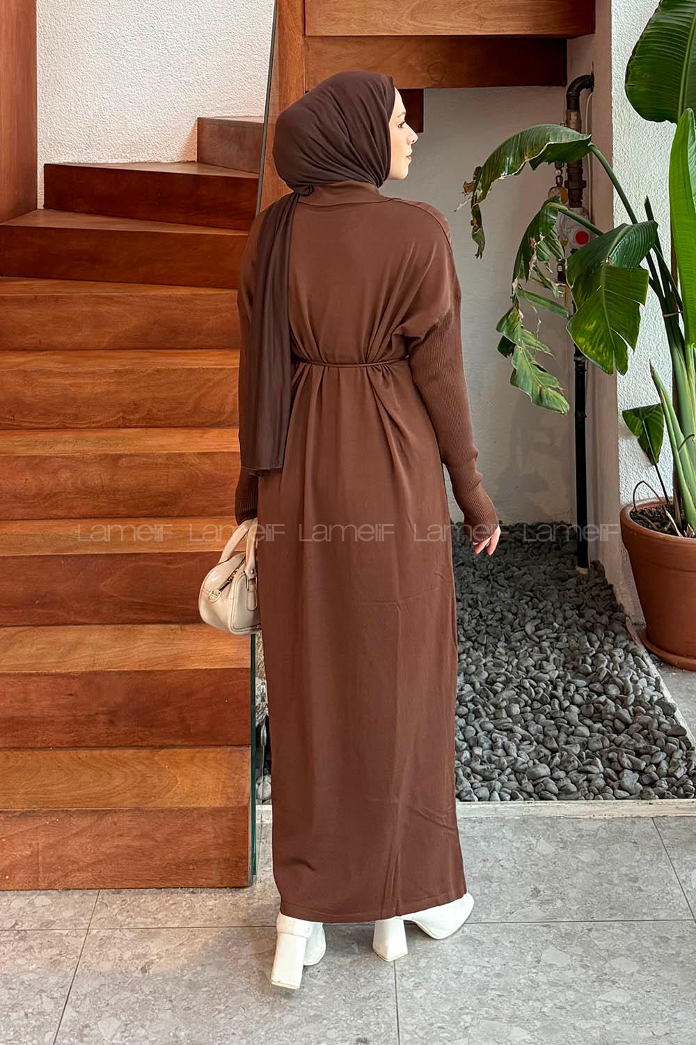 Lamelif Düğme Detaylı Desenli Elbise Acı Kahve