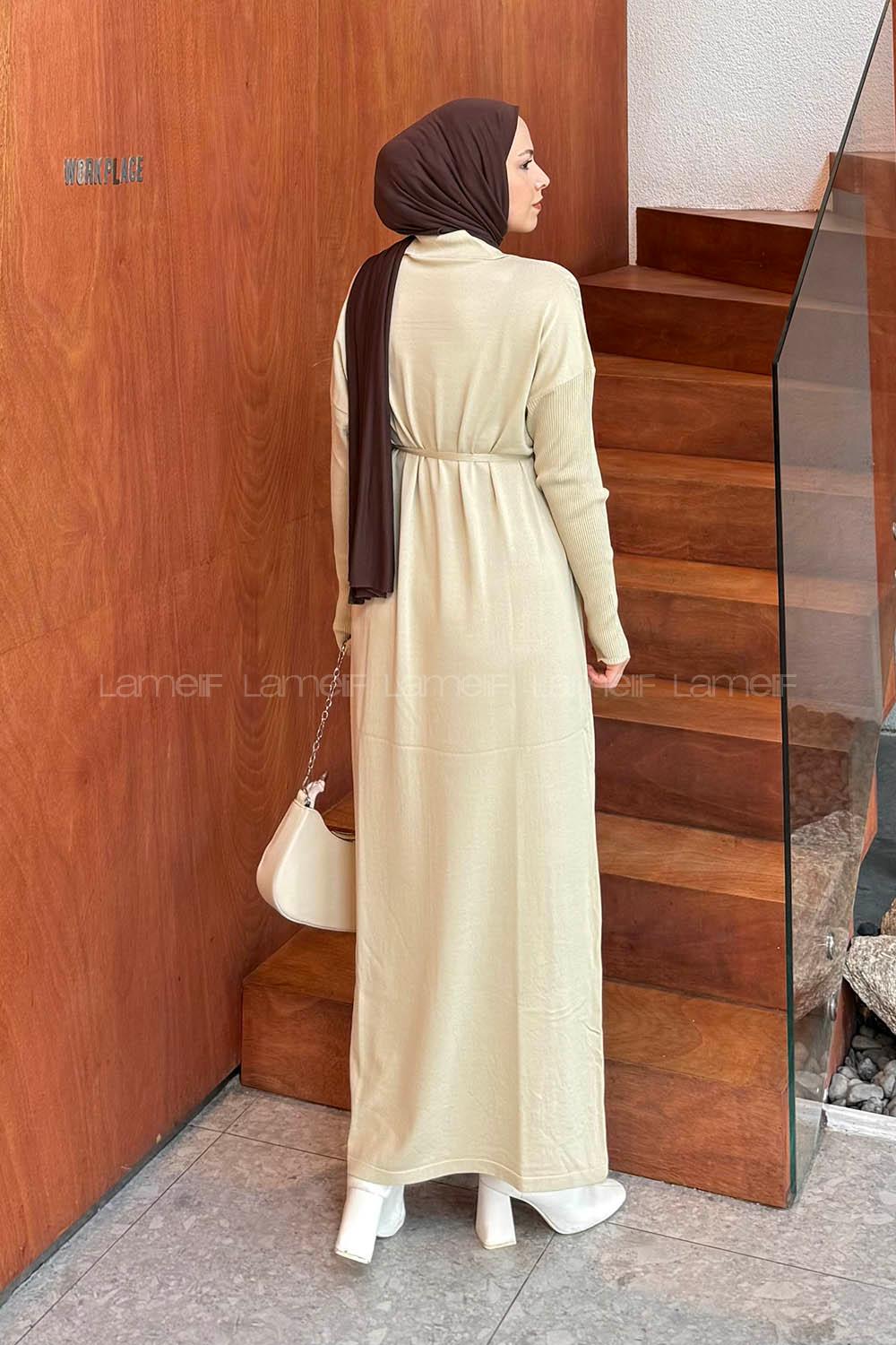 Lamelif Düğme Detaylı Desenli Elbise Bej