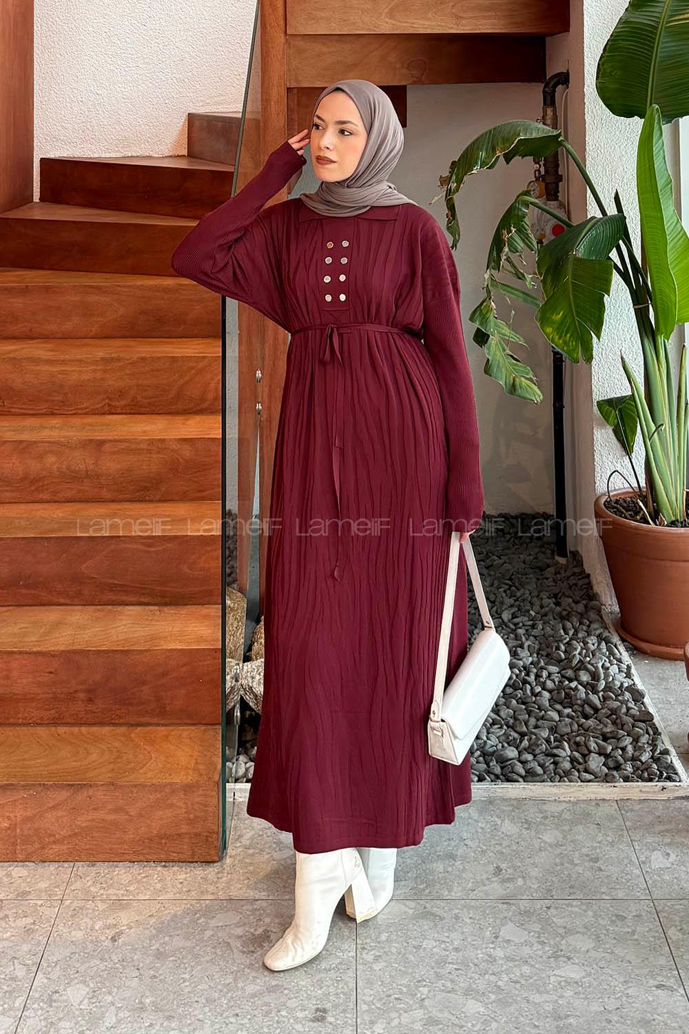 Lamelif Düğme Detaylı Desenli Elbise Bordo