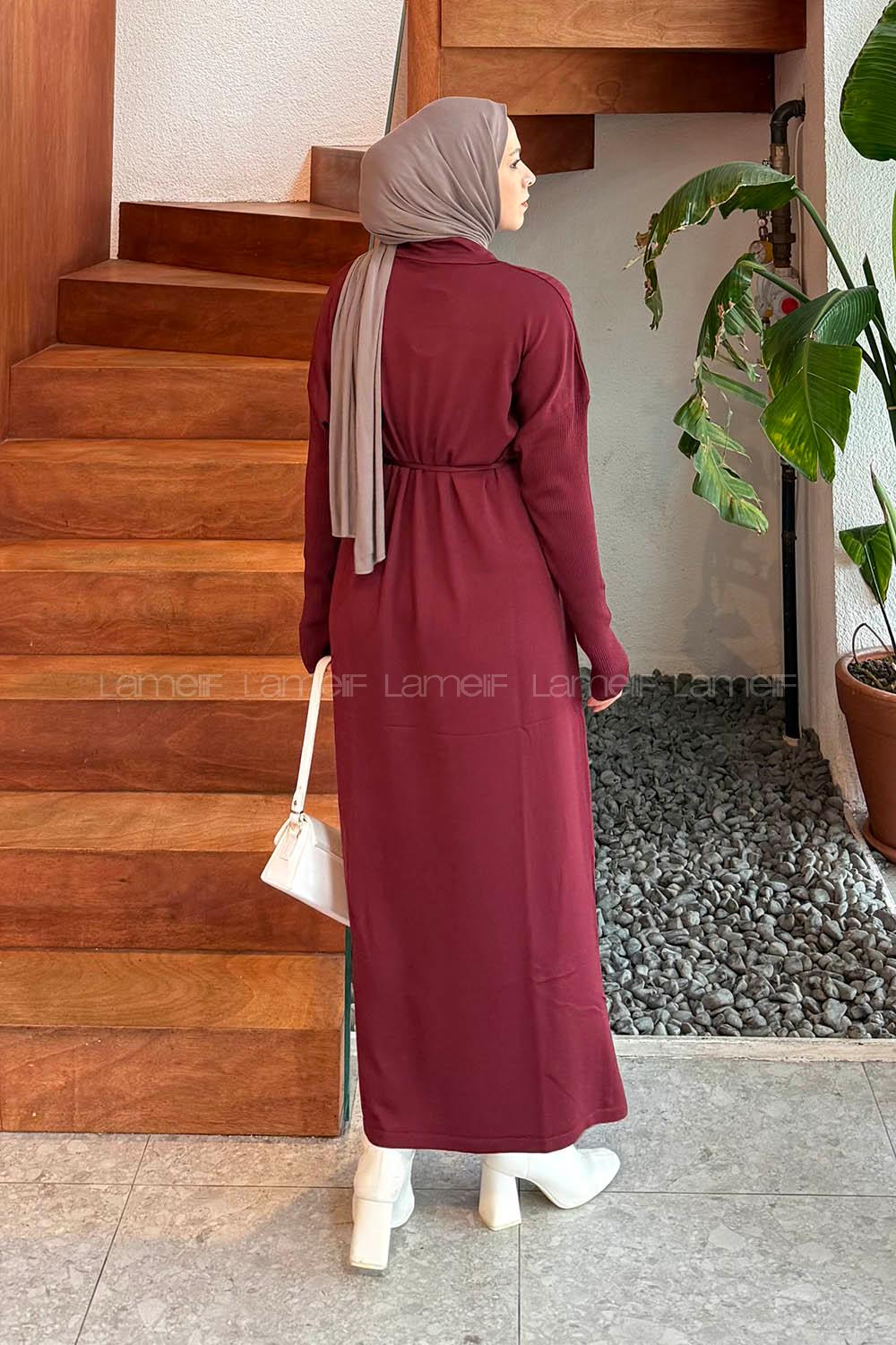 Lamelif Düğme Detaylı Desenli Elbise Bordo