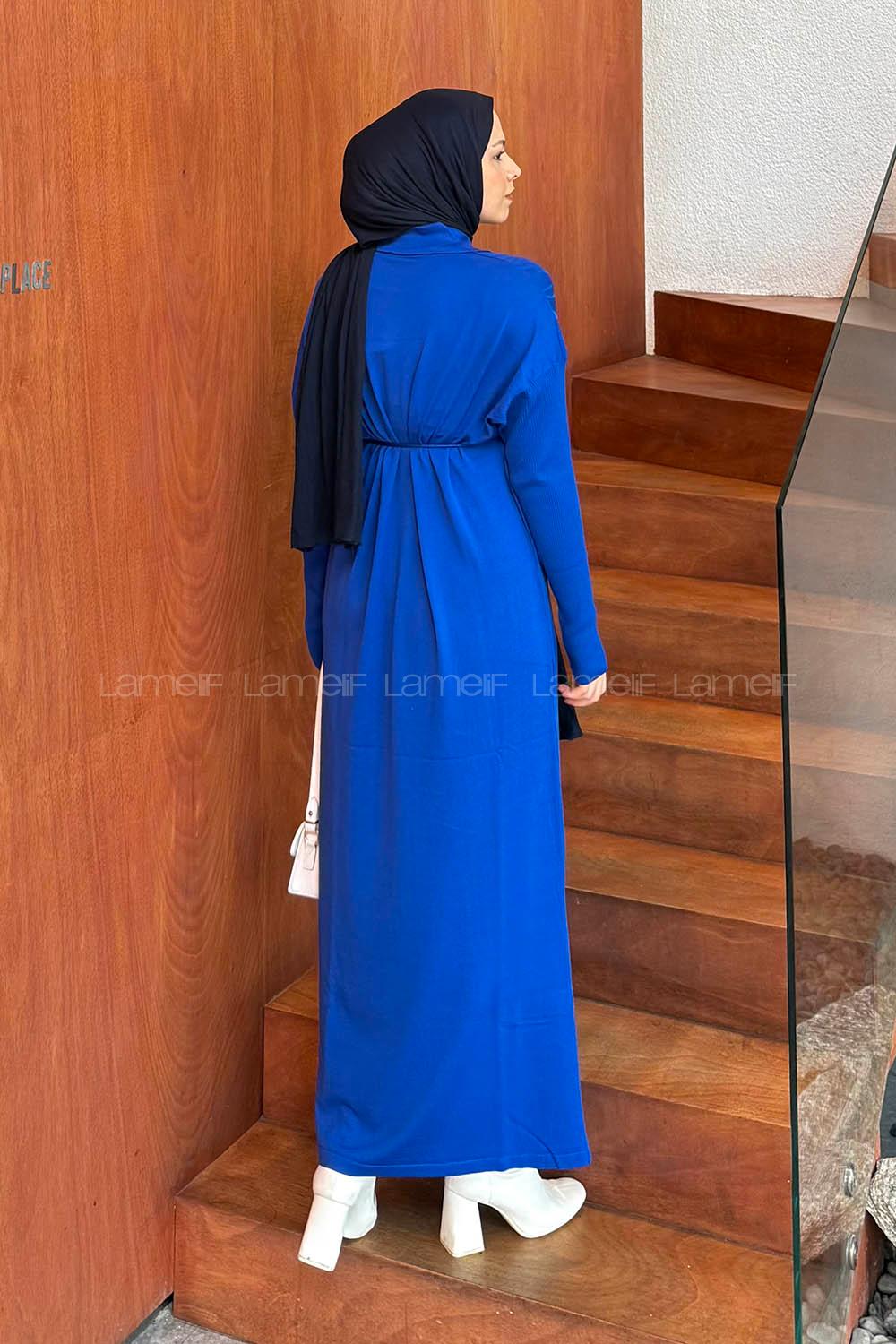 Lamelif Düğme Detaylı Desenli Elbise Saks Mavisi