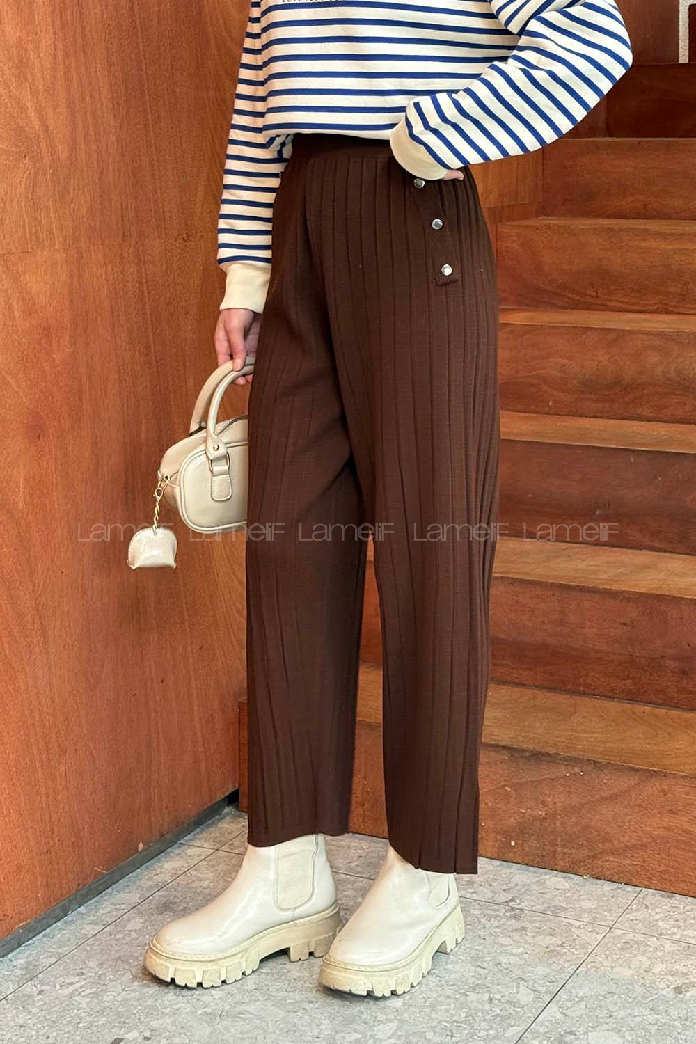 Lamelif Düğme Detaylı Pantolon Acı Kahve