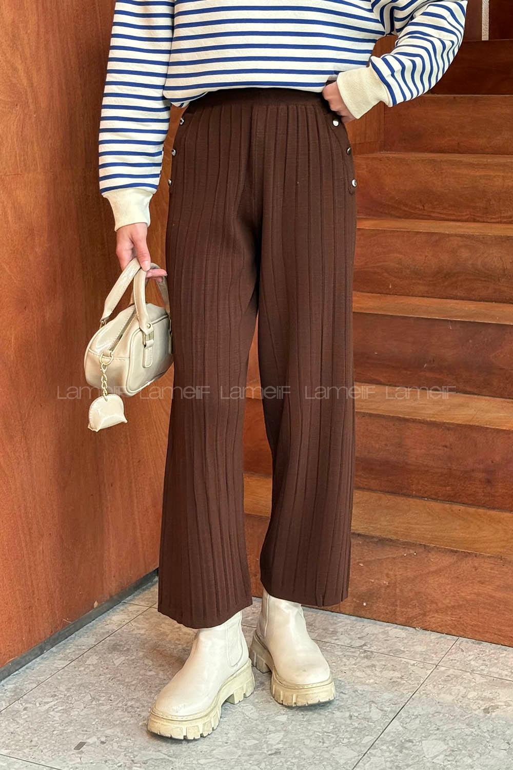 Lamelif Düğme Detaylı Pantolon Acı Kahve