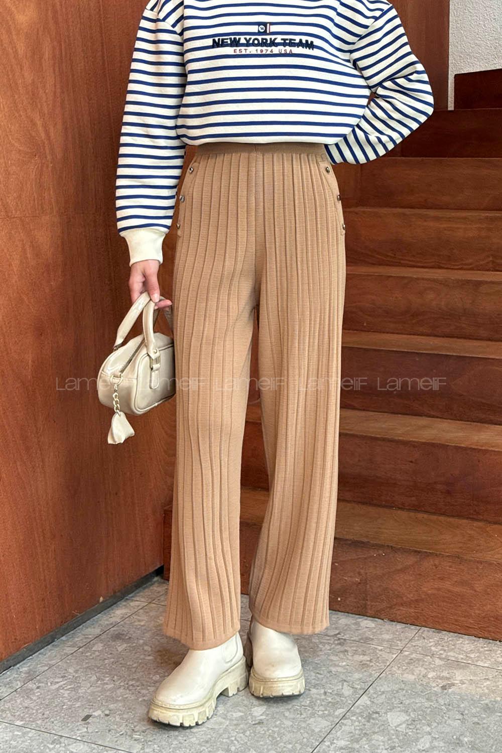 Camel Acrylic Knitwear Elastic Waist Pants