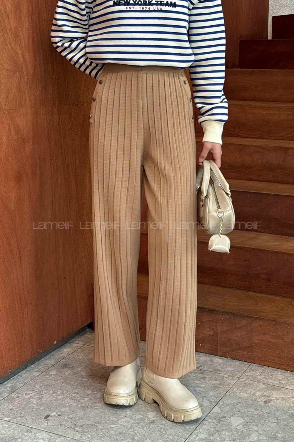 Camel Acrylic Knitwear Elastic Waist Pants