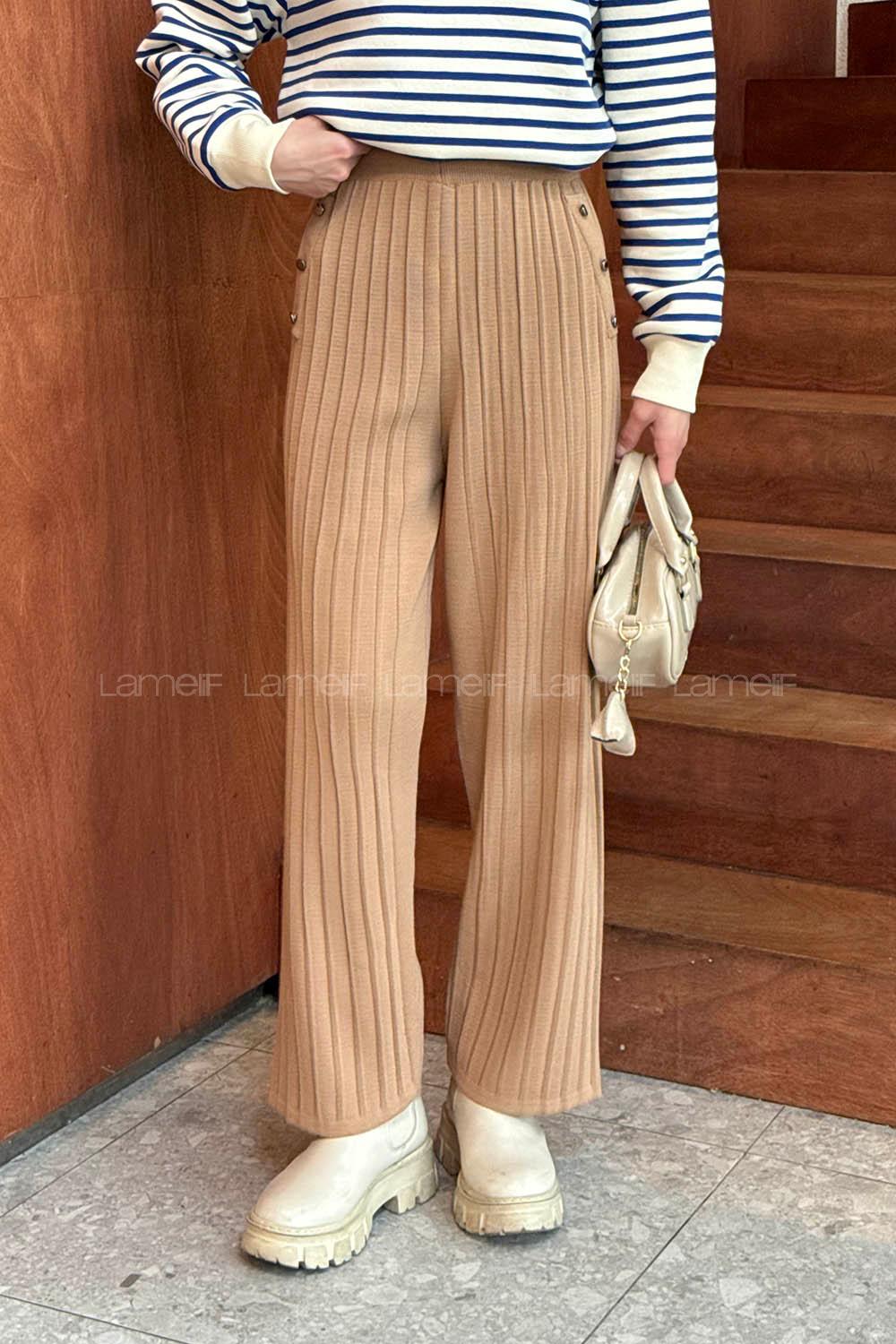 Camel Acrylic Knitwear Elastic Waist Pants