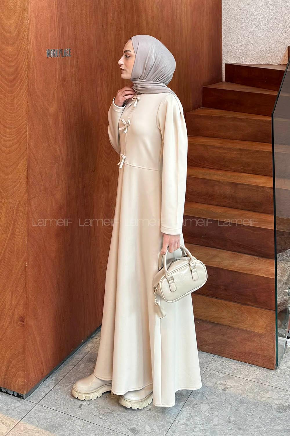 Lamelif Kurdela Detaylı Scuba Elbise Krem
