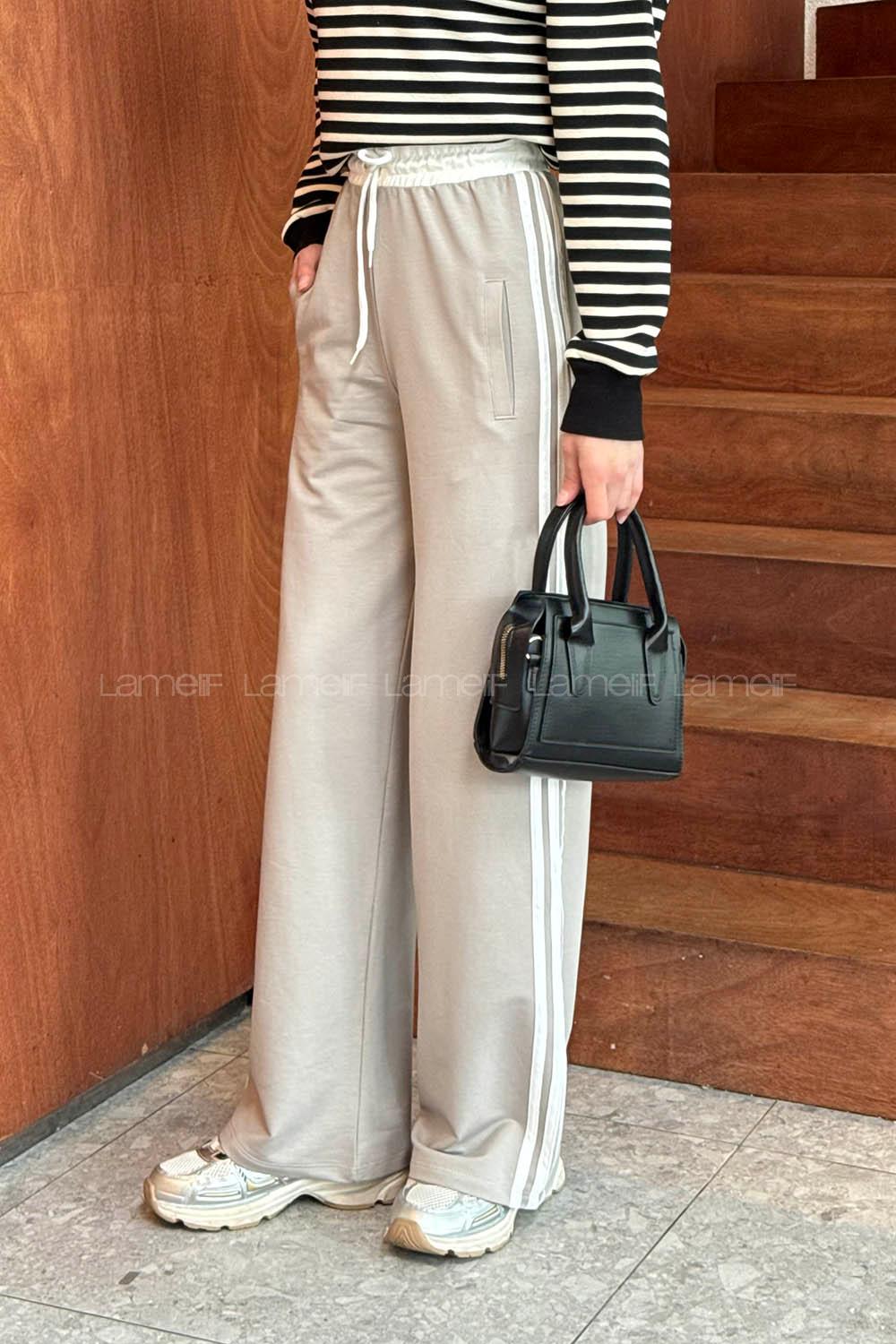 Lamelif Şerit Detaylı Eşofman Altı Taş Rengi