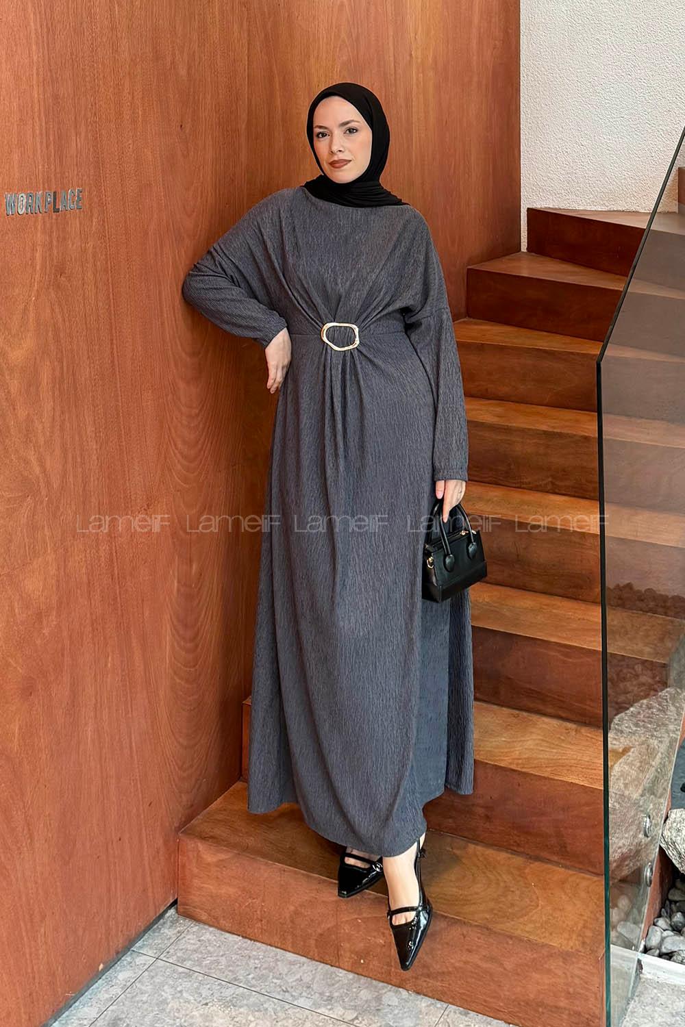 Lamelif Toka Detaylı Tesettür Elbise Antrasit
