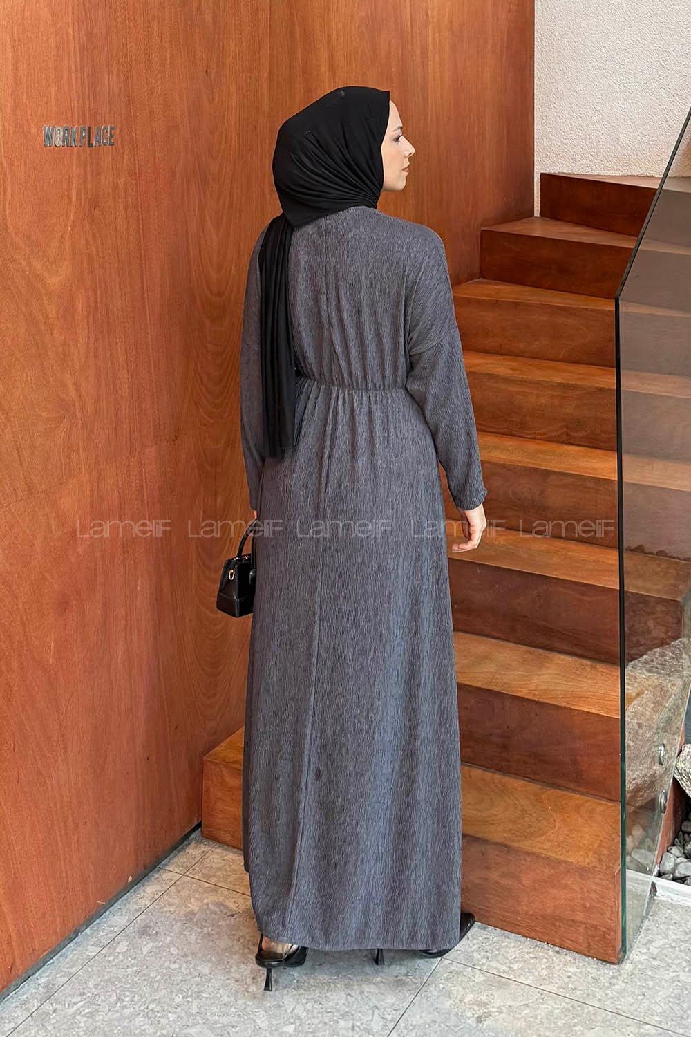Lamelif Toka Detaylı Tesettür Elbise Antrasit