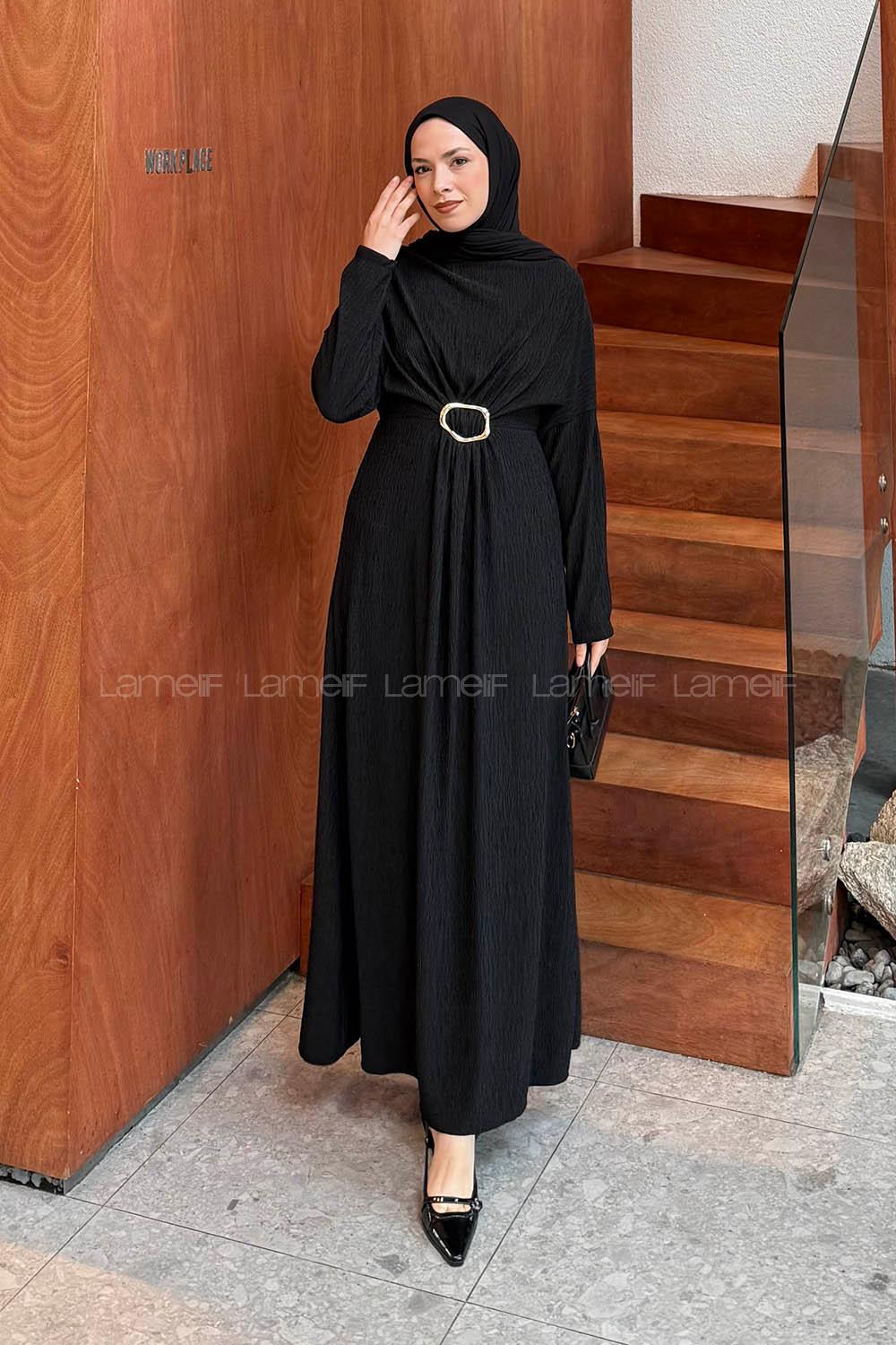 Lamelif Toka Detaylı Tesettür Elbise Siyah