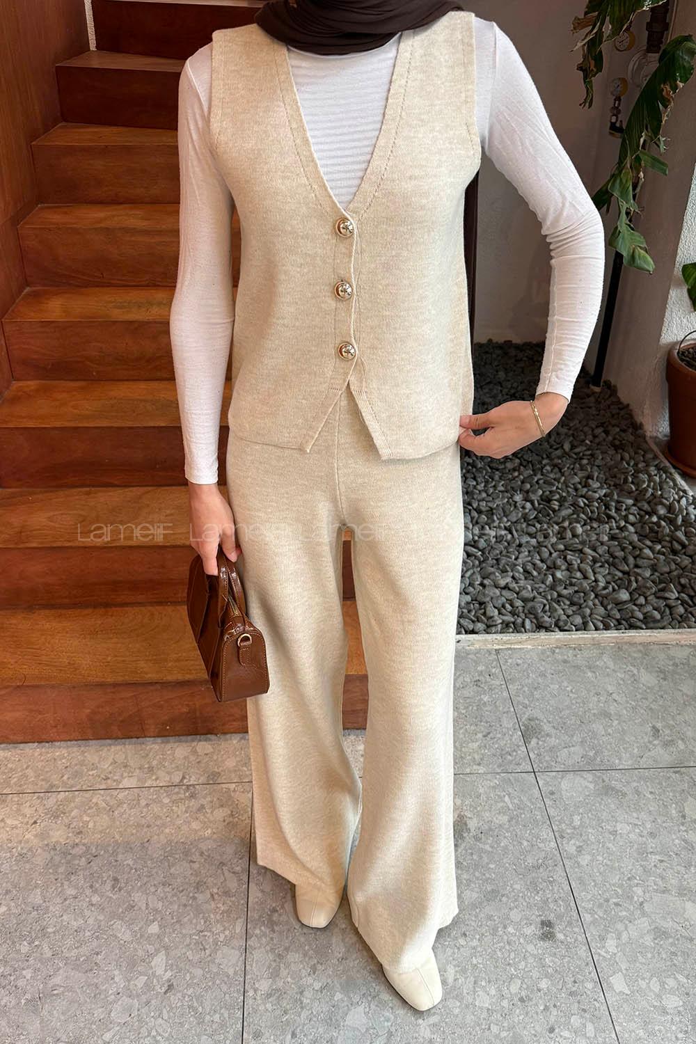 Beige V Neck Long Arm Acrylic Cotton Fabric Regular Trousers Comfortable Suit