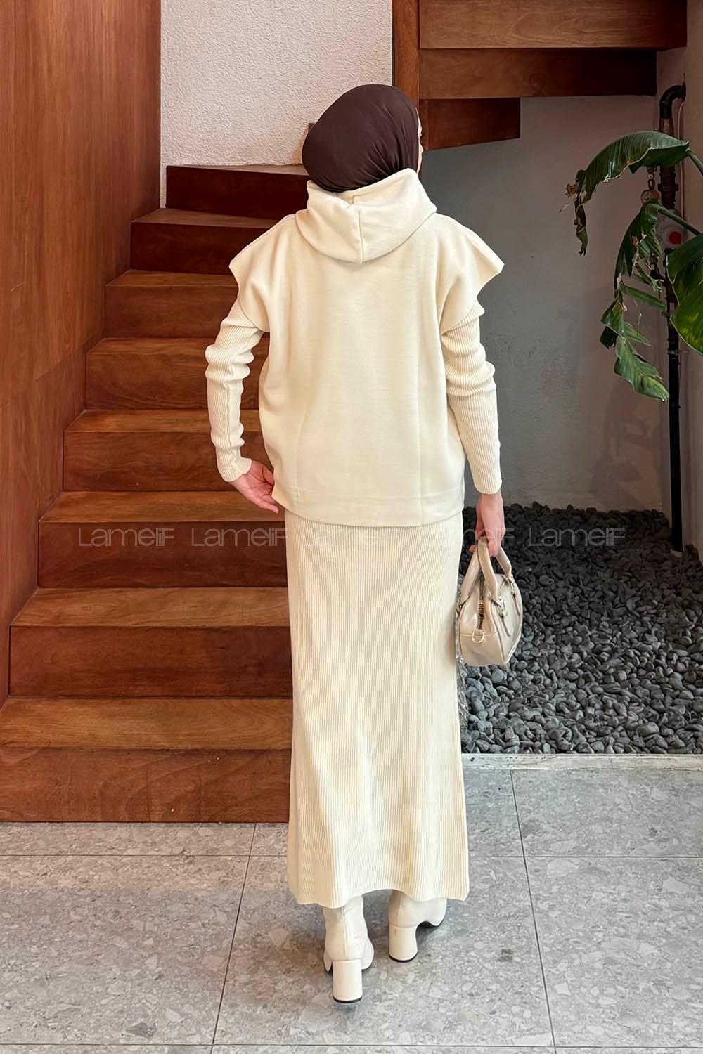 Lamelif Yelek-Jile İkili Triko Takım Bej