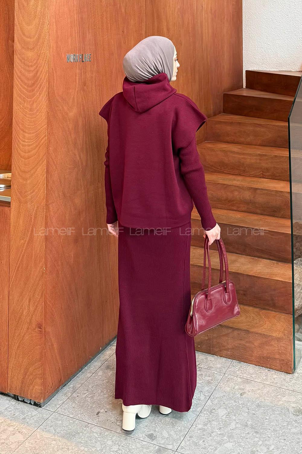 Lamelif Yelek-Jile İkili Triko Takım Bordo