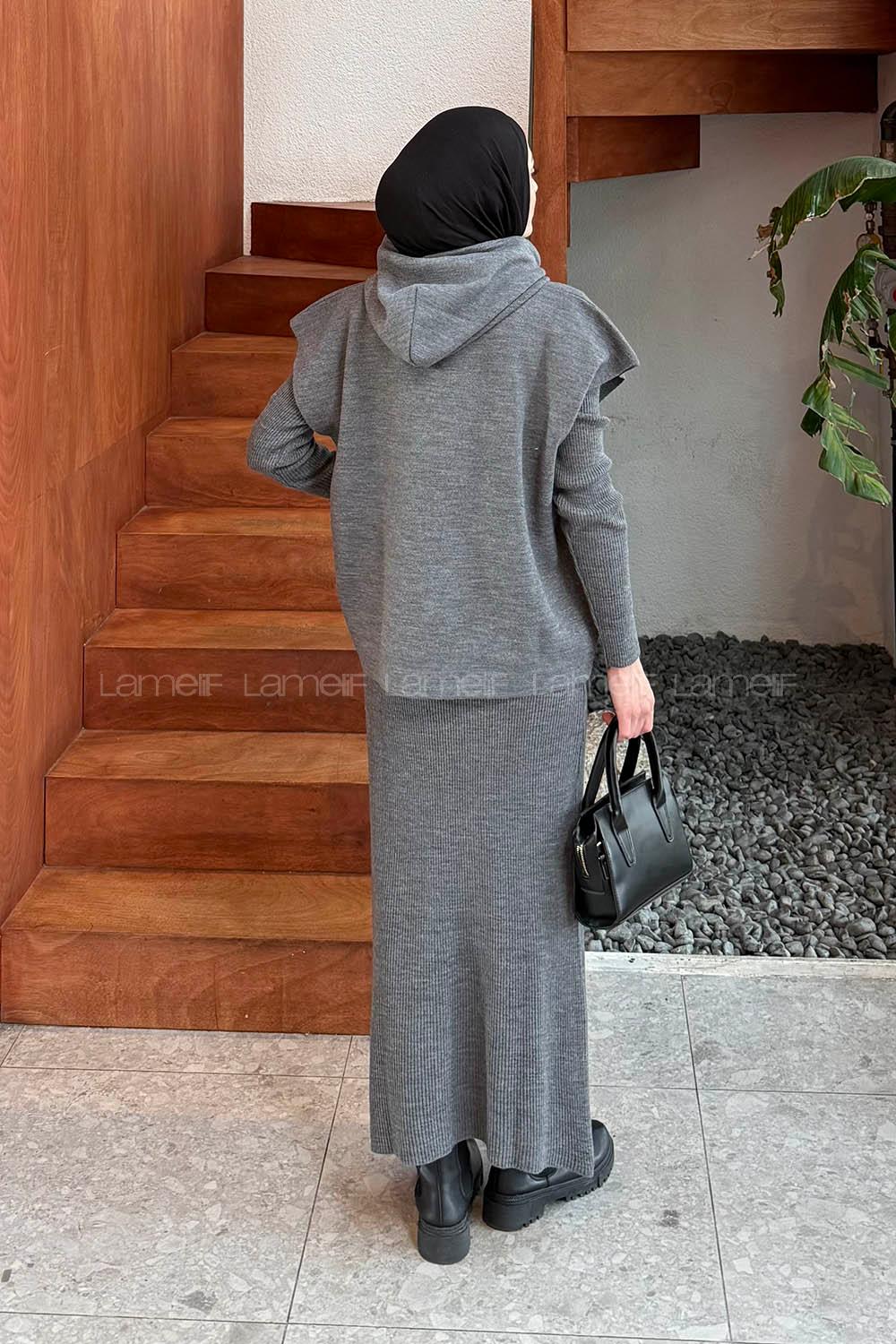 Lamelif Yelek-Jile İkili Triko Takım Gri