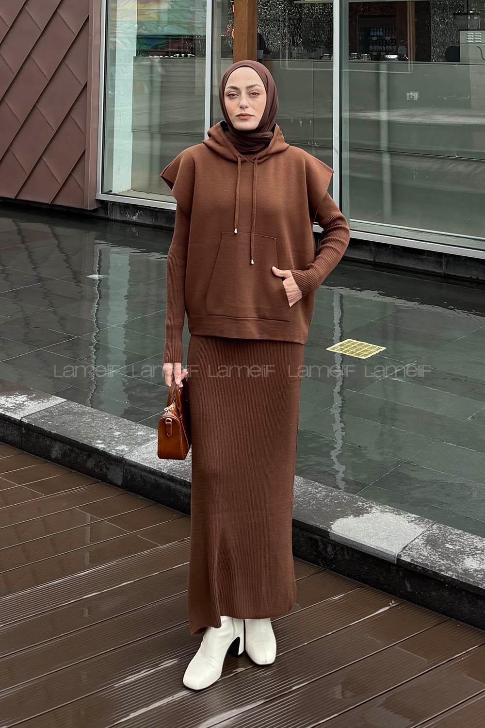 Lamelif Yelek-Jile İkili Triko Takım Kahverengi