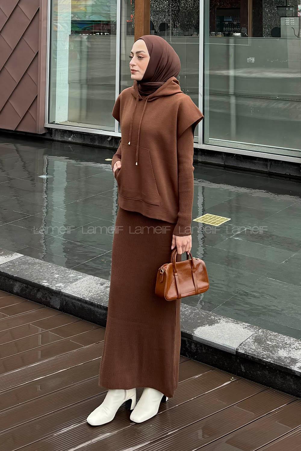 Lamelif Yelek-Jile İkili Triko Takım Kahverengi