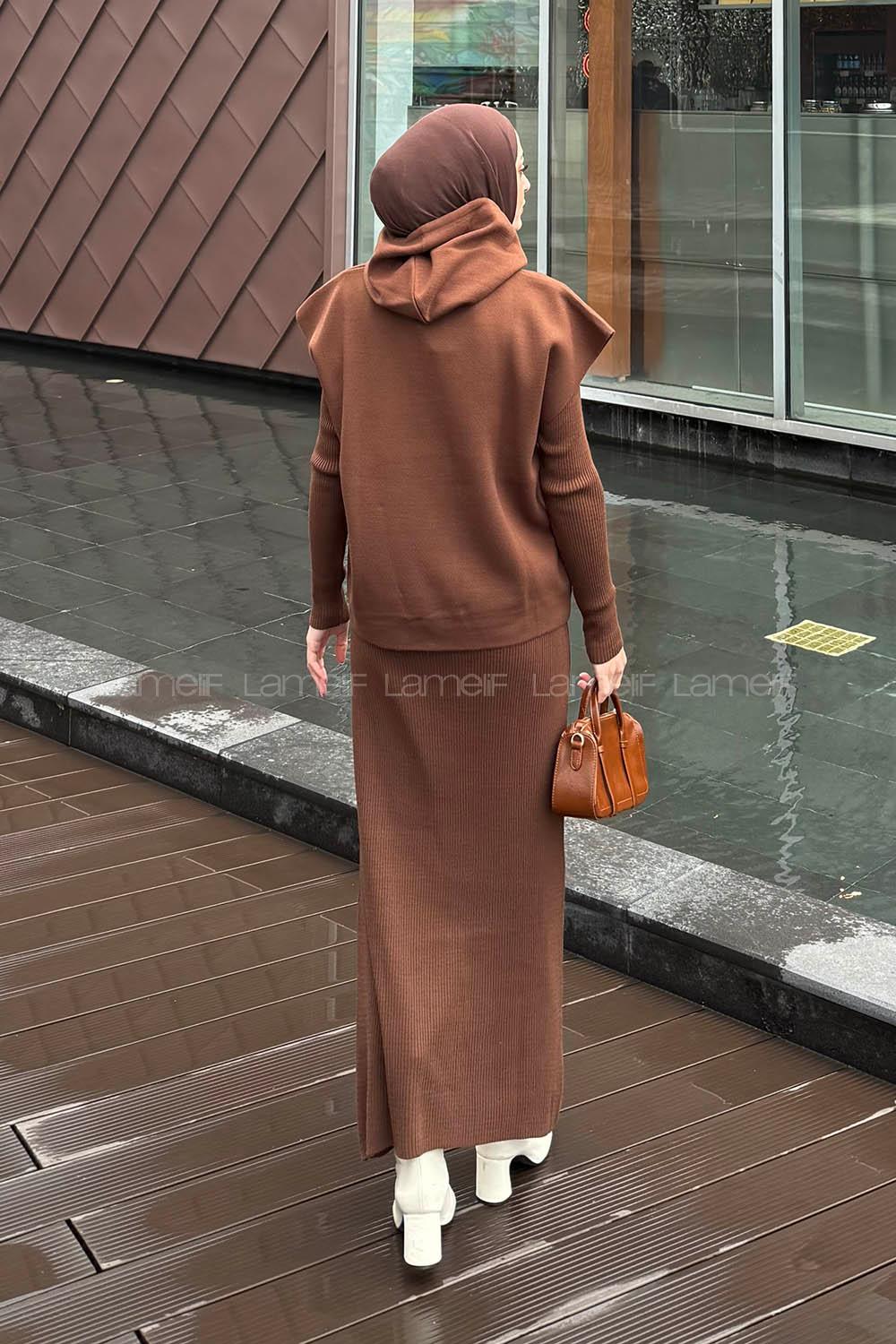 Lamelif Yelek-Jile İkili Triko Takım Kahverengi