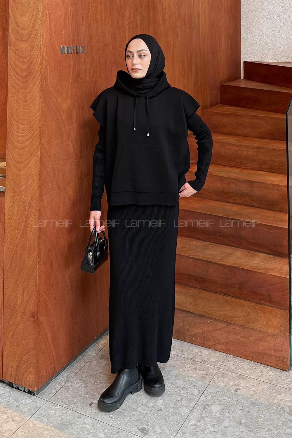 Lamelif Yelek-Jile İkili Triko Takım Siyah