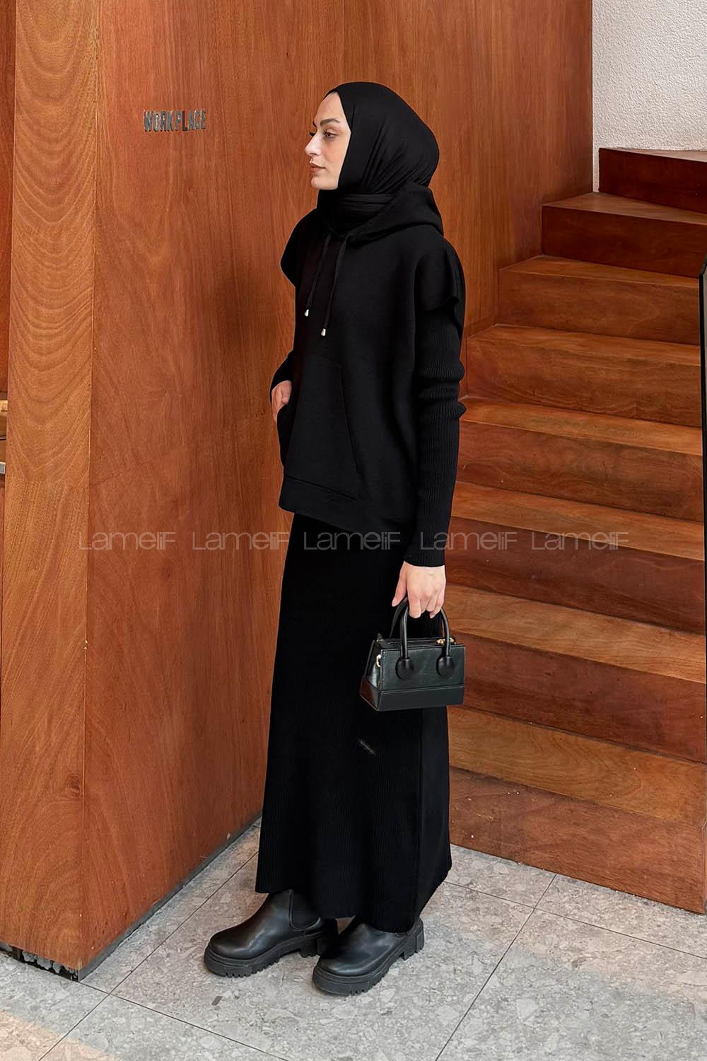 Lamelif Yelek-Jile İkili Triko Takım Siyah