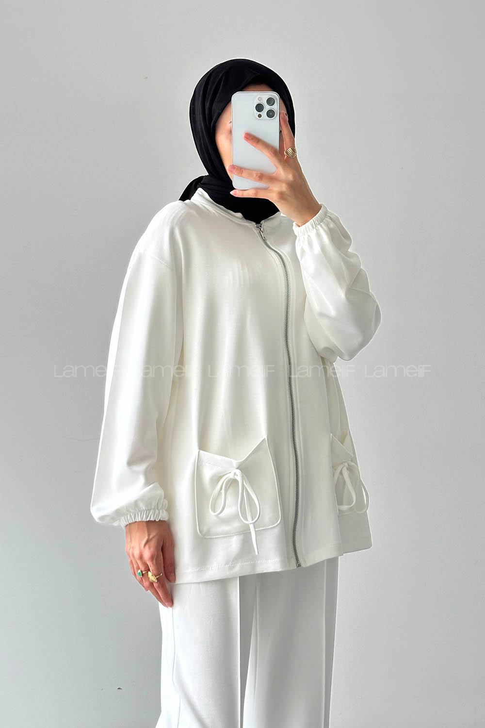 Lamelif Biyeli Cepli İkili Takım Beyaz