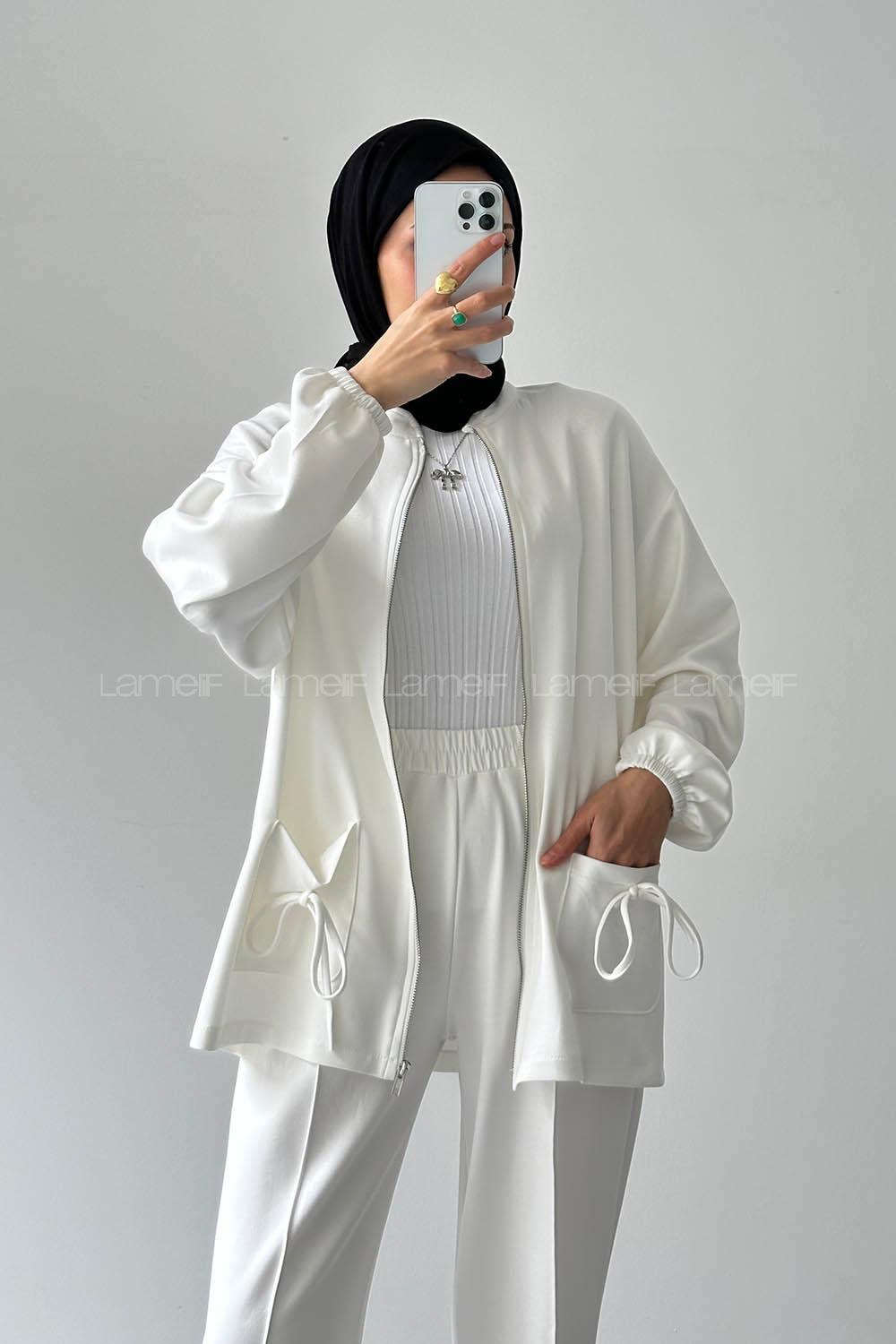 Lamelif Biyeli Cepli İkili Takım Beyaz