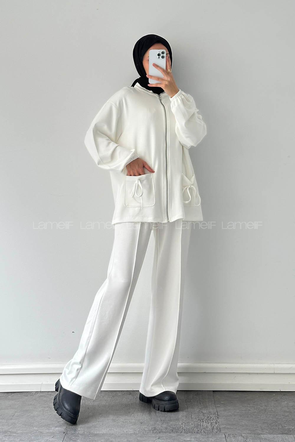 Lamelif Biyeli Cepli İkili Takım Beyaz