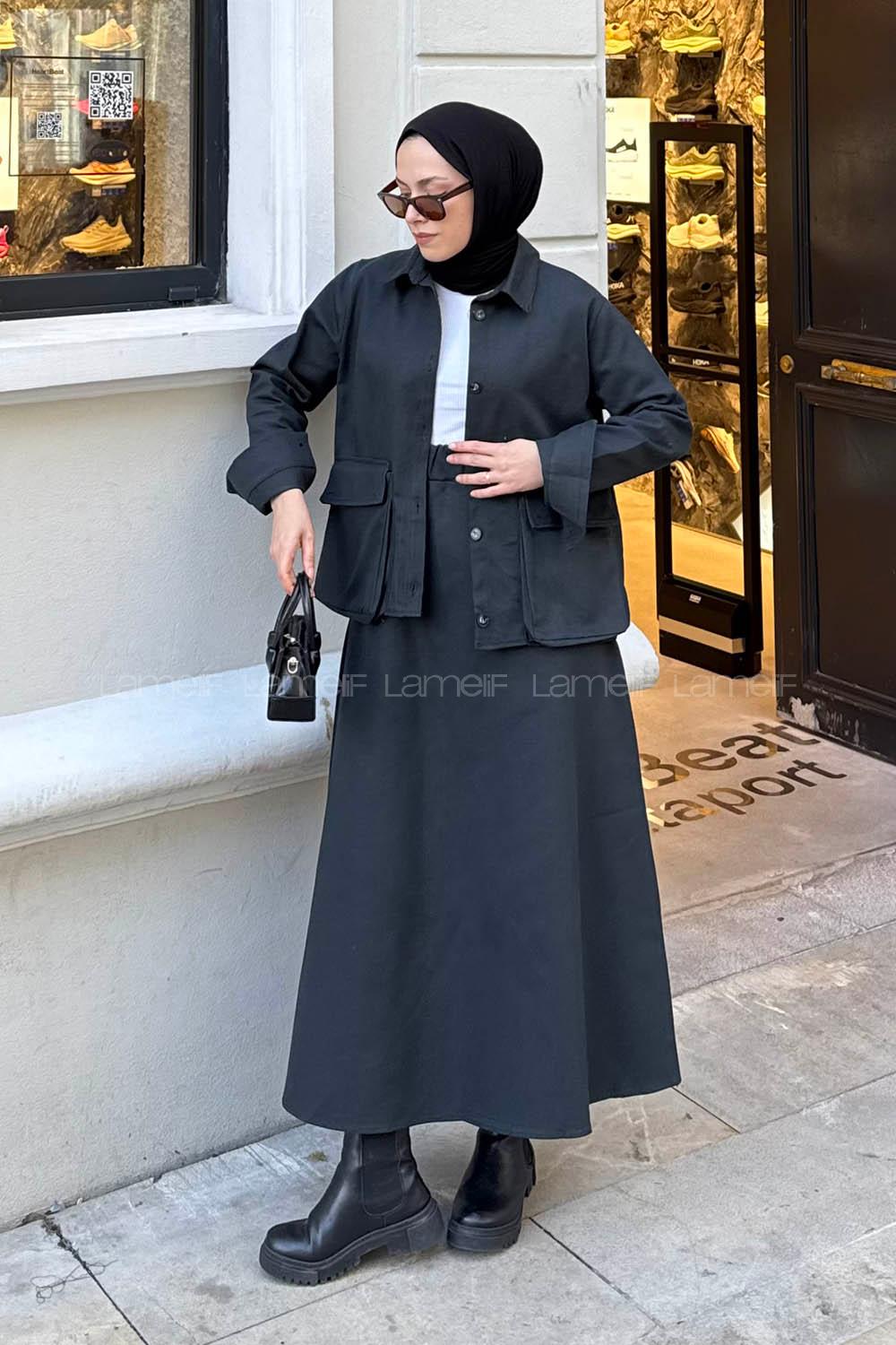 Lamelif Cep Detaylı İkili Etek  Tesettür Takım Füme