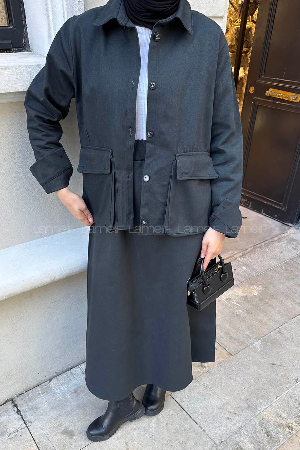 Lamelif Cep Detaylı İkili Etek  Tesettür Takım Füme