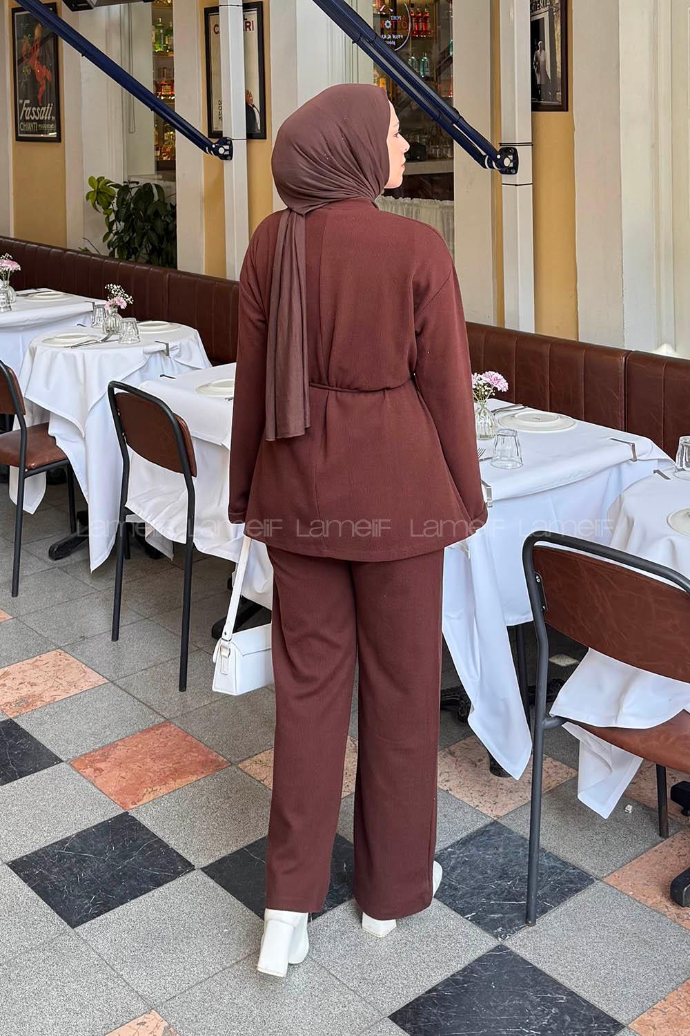 Lamelif Duble Kol Tesettür Takım Acı Kahve