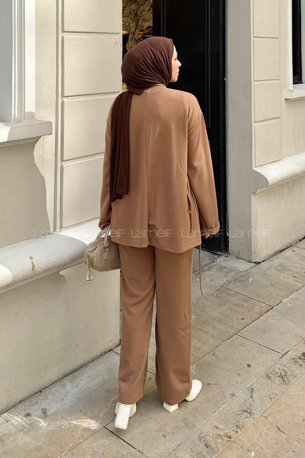 Lamelif Duble Kol Tesettür Takım Kahverengi