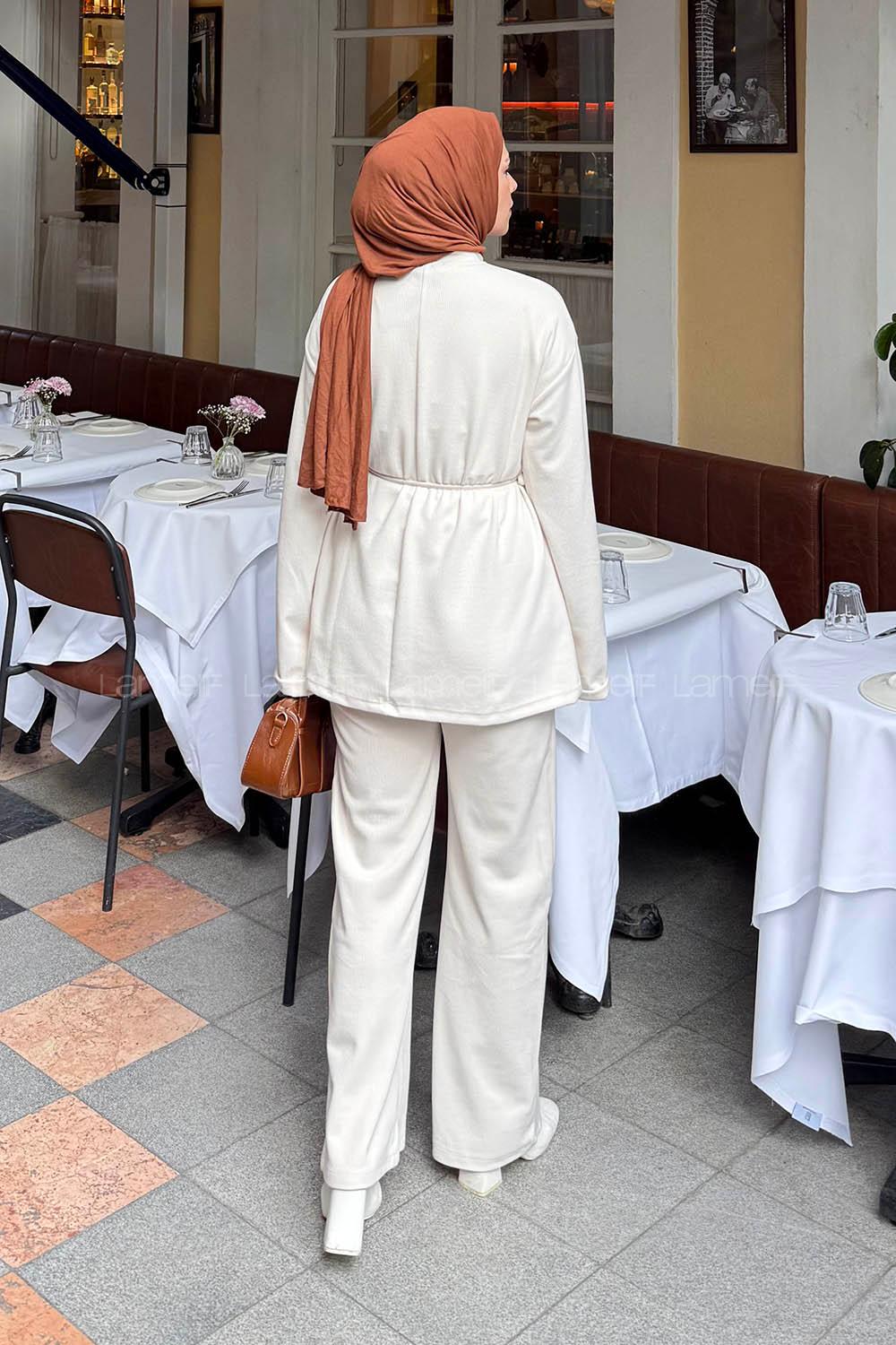 Lamelif Duble Kol Tesettür Takım Krem