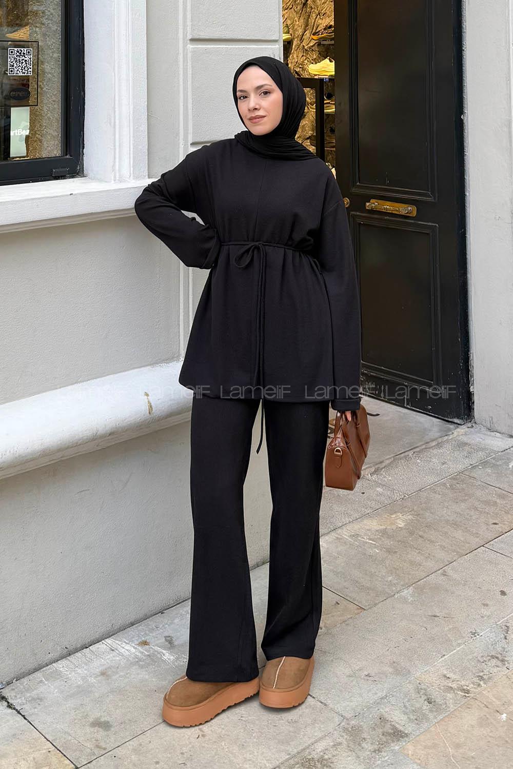 Lamelif Duble Kol Tesettür Takım Siyah