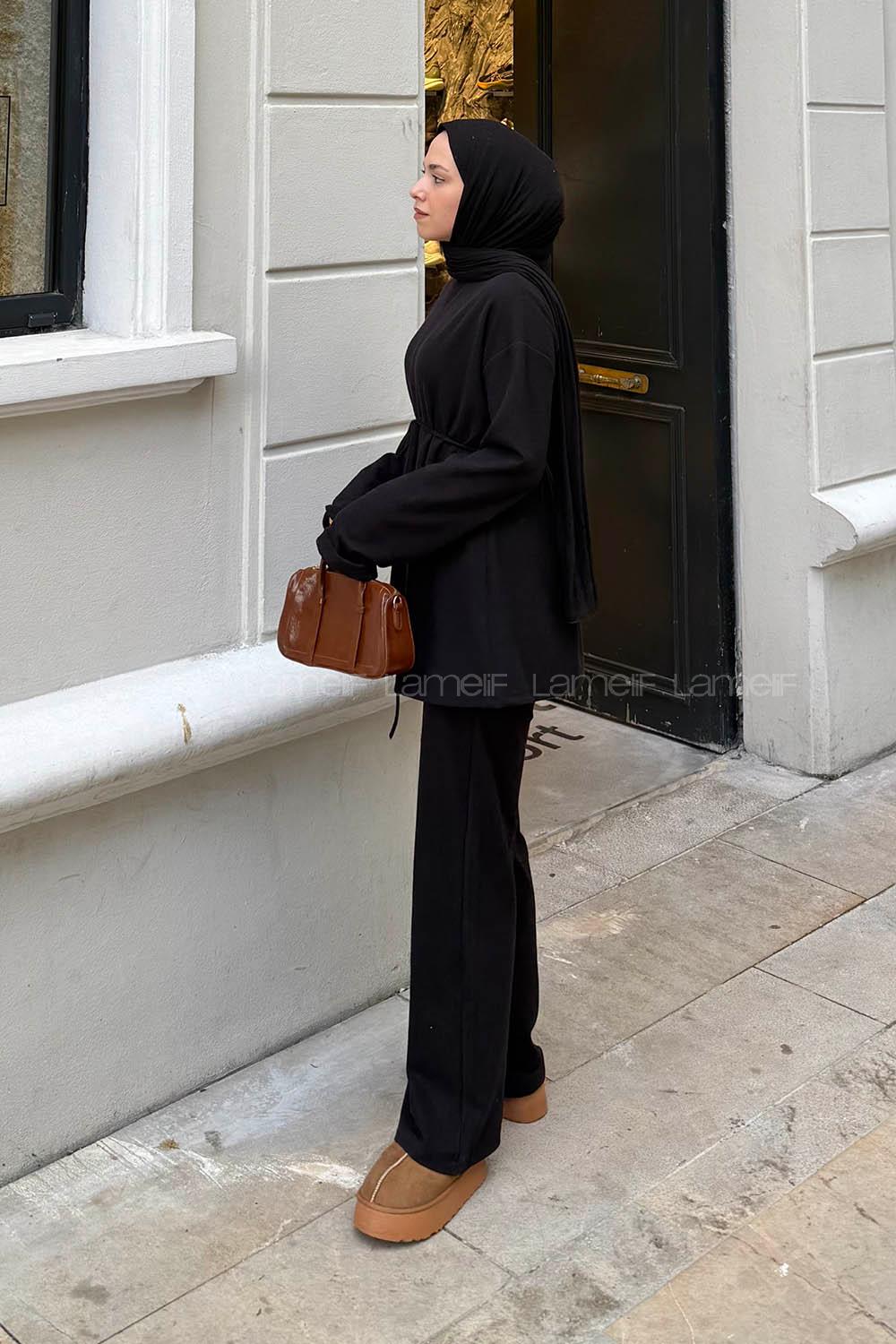 Lamelif Duble Kol Tesettür Takım Siyah
