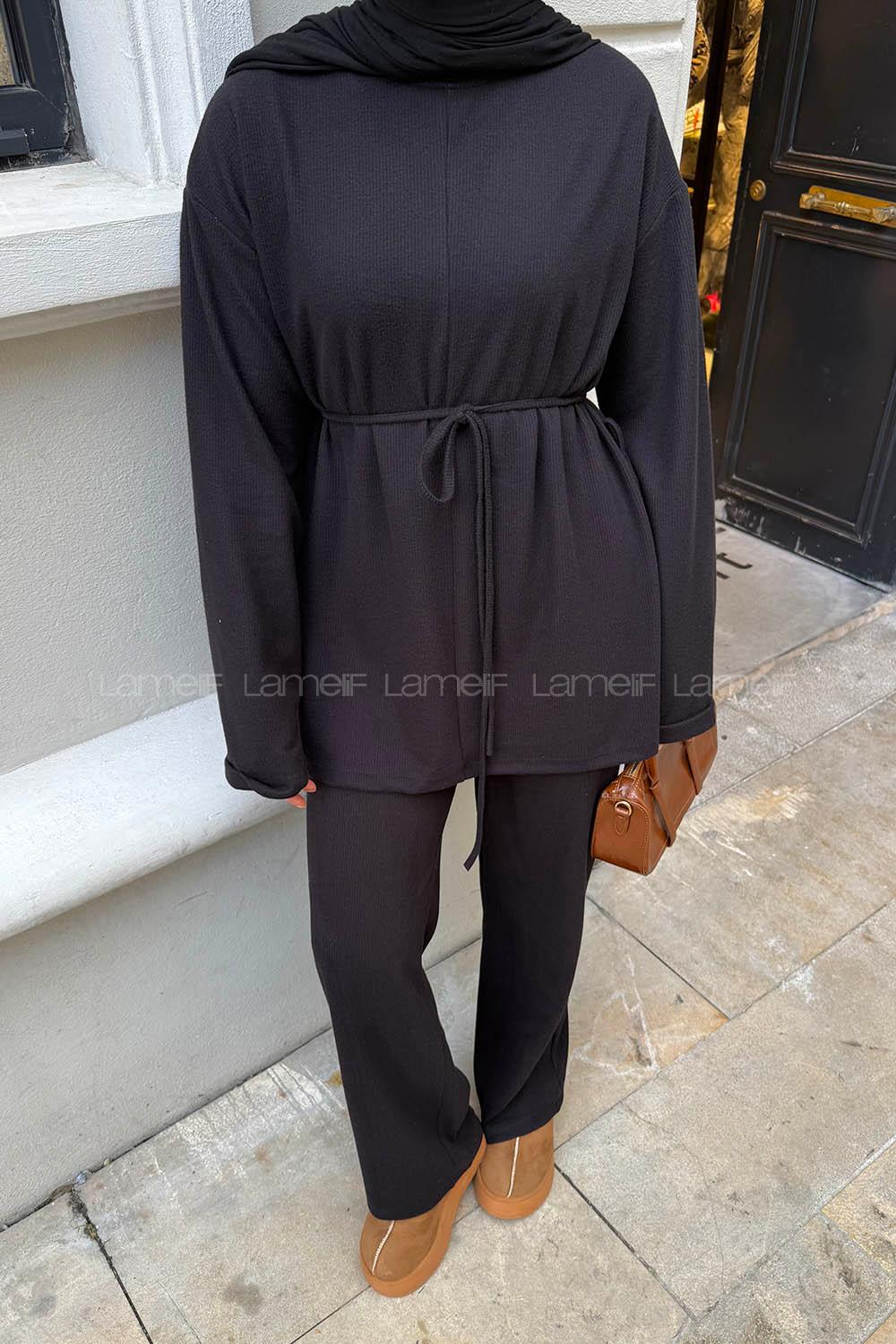 Lamelif Duble Kol Tesettür Takım Siyah