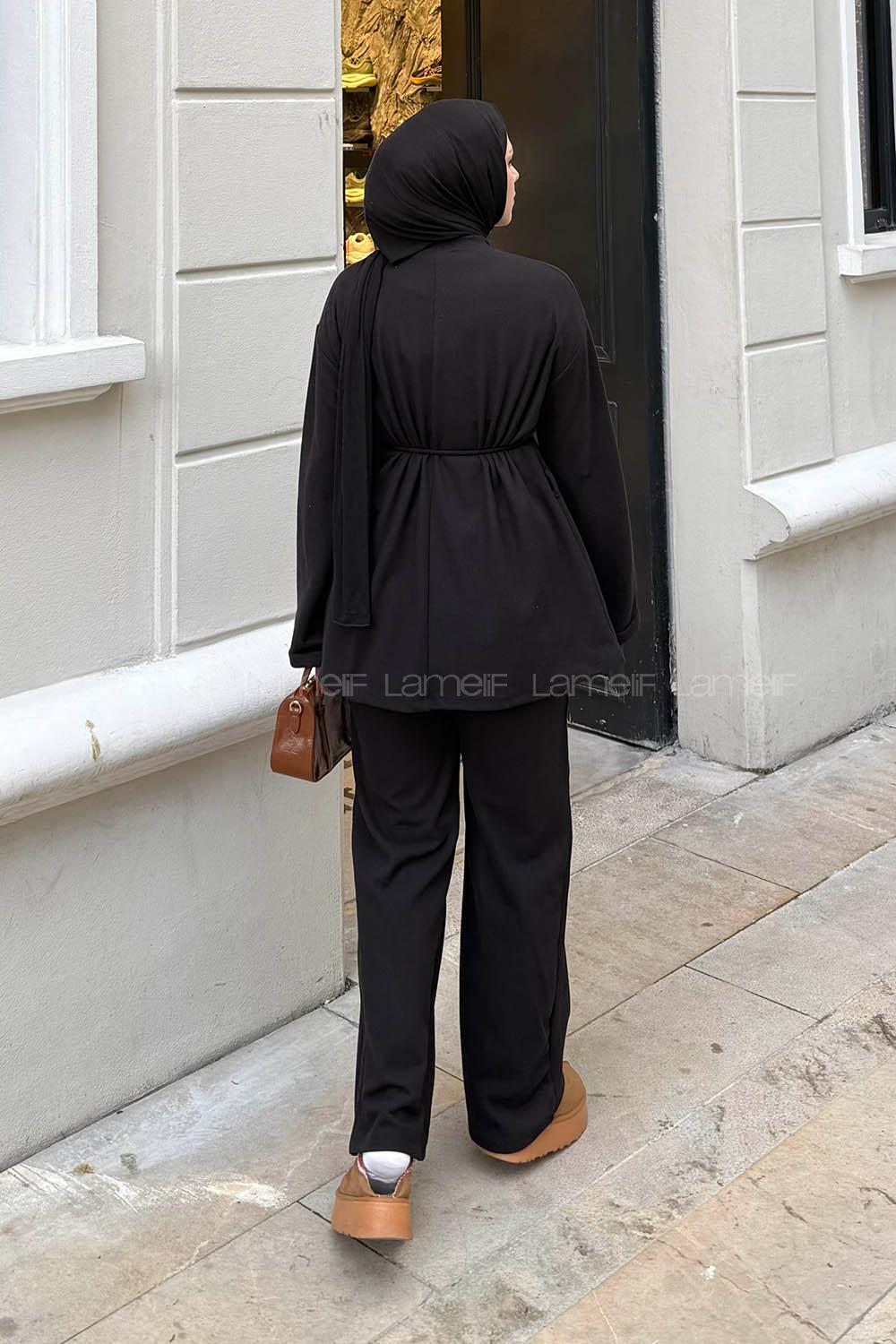 Lamelif Duble Kol Tesettür Takım Siyah