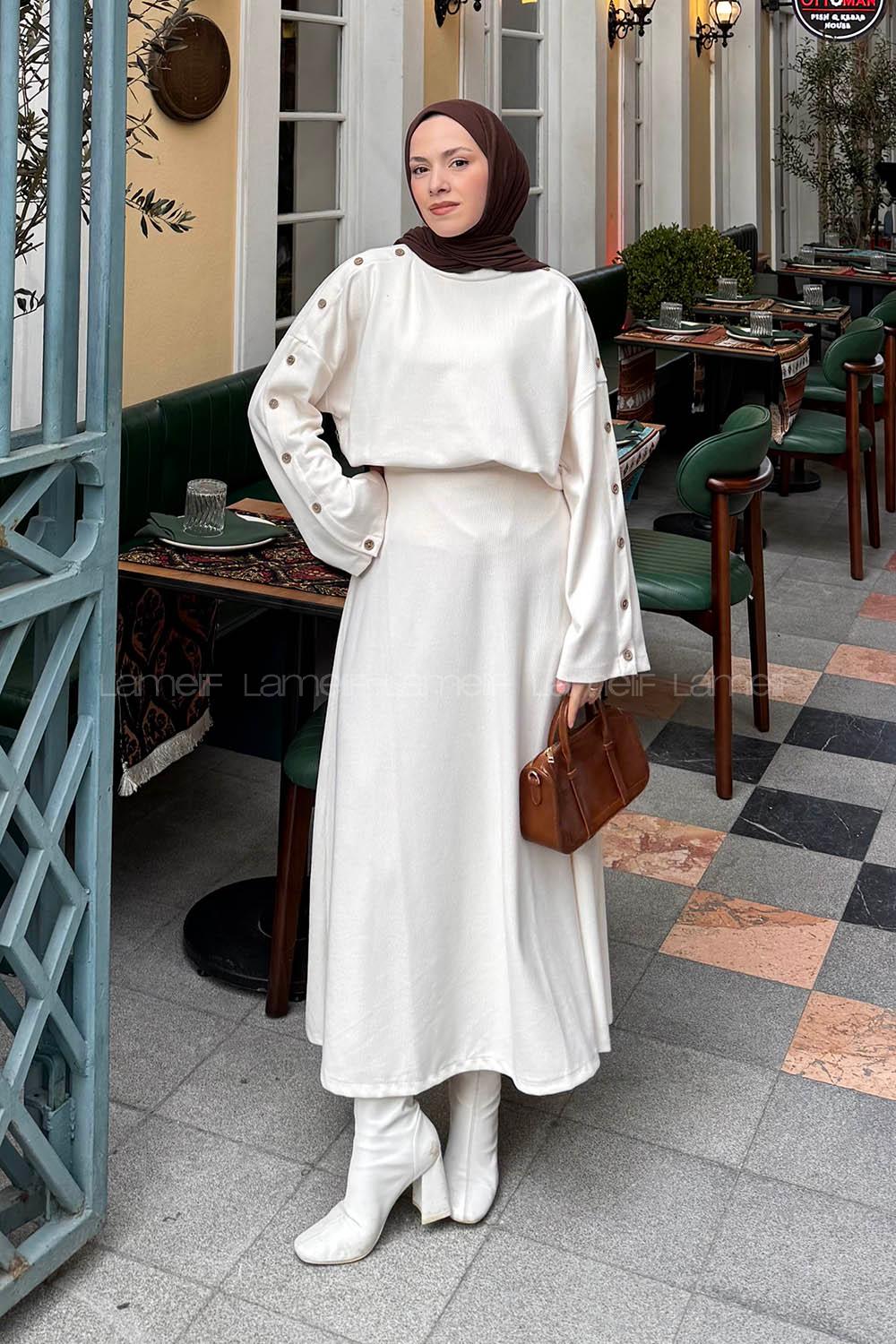 Lamelif Düğme Detaylı Etekli Takım Krem