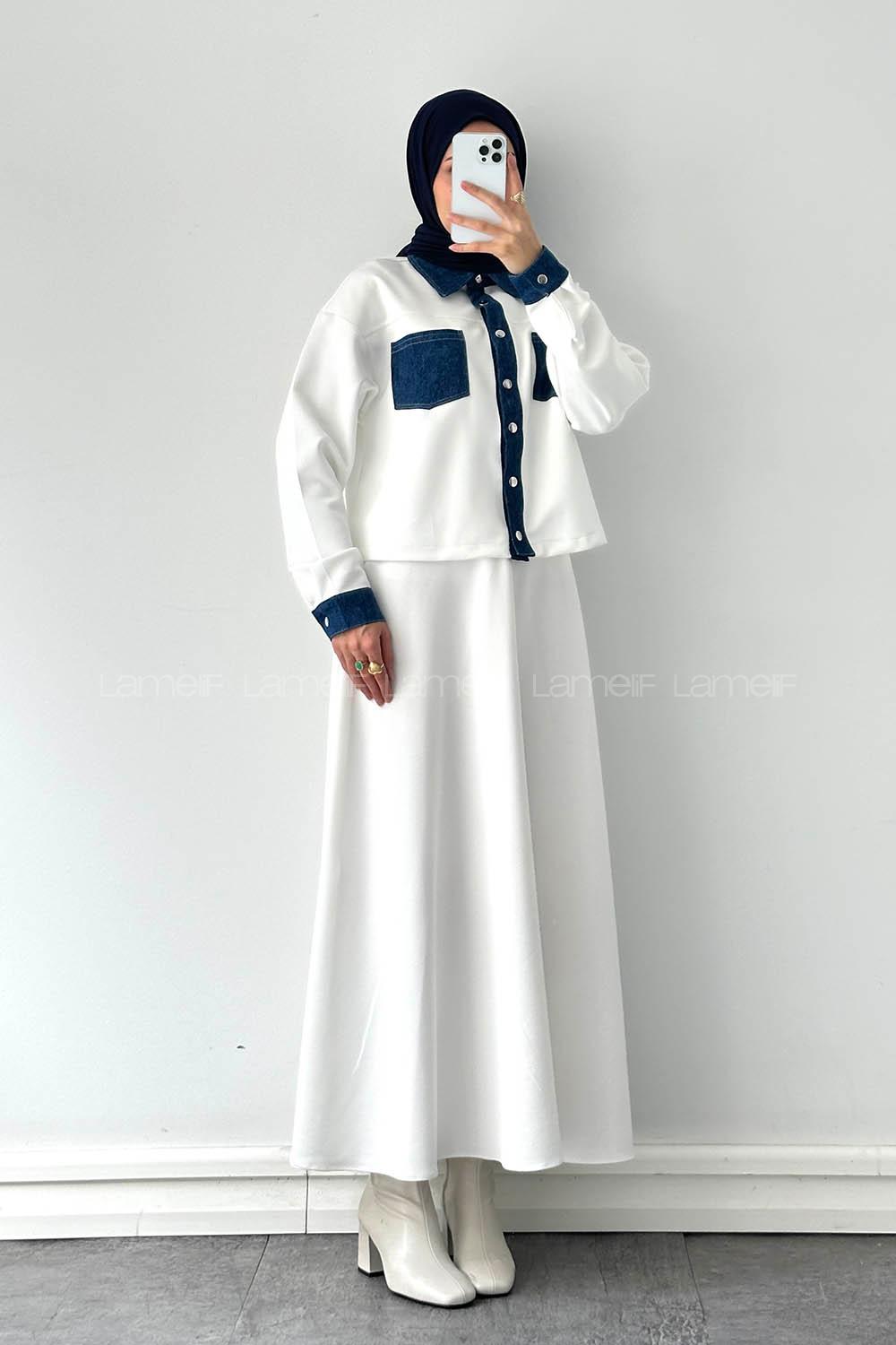 White Shirt Collar Long Arm Polyester Regular Trousers Flared Skirt Suit