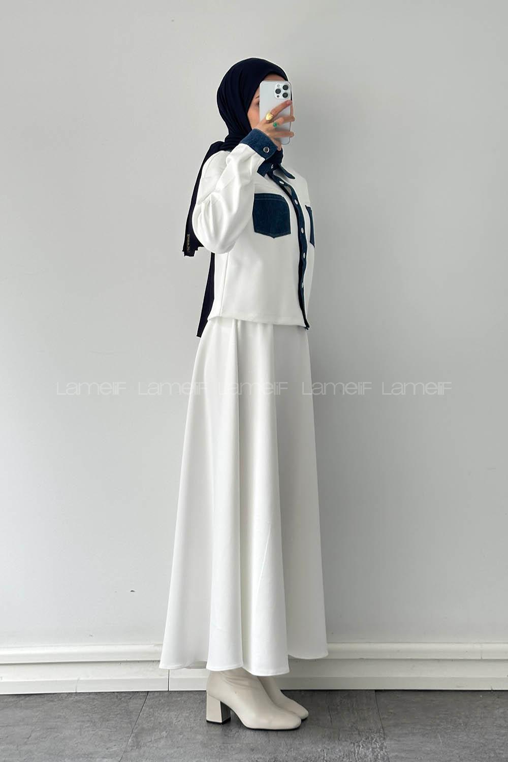 White Shirt Collar Long Arm Polyester Regular Trousers Flared Skirt Suit