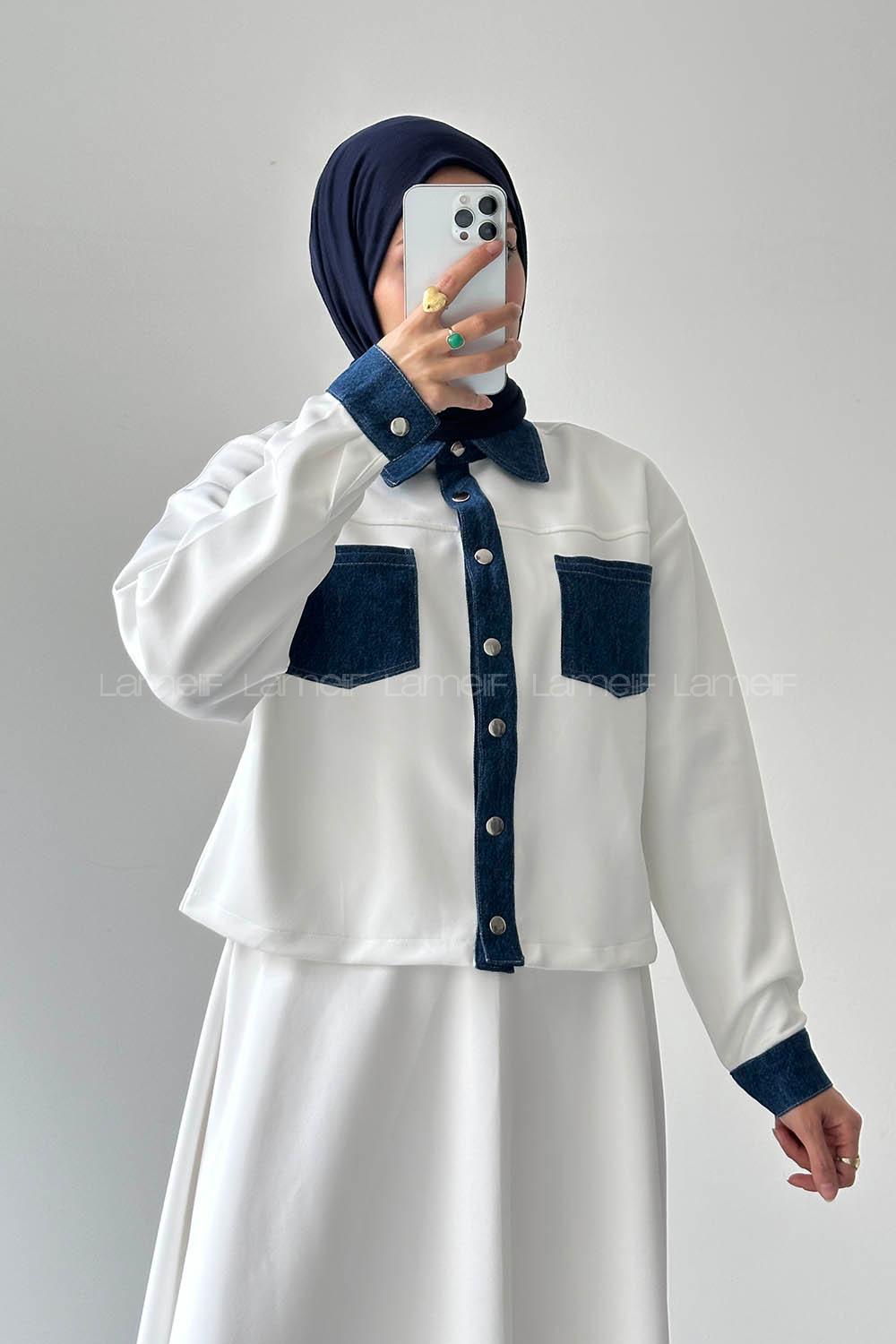 White Shirt Collar Long Arm Polyester Regular Trousers Flared Skirt Suit