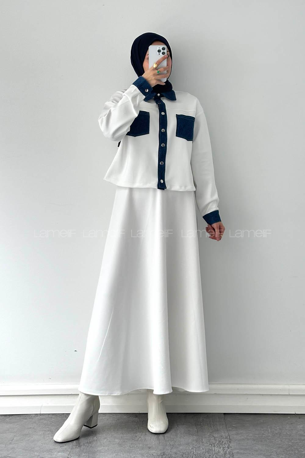 White Shirt Collar Long Arm Polyester Regular Trousers Flared Skirt Suit