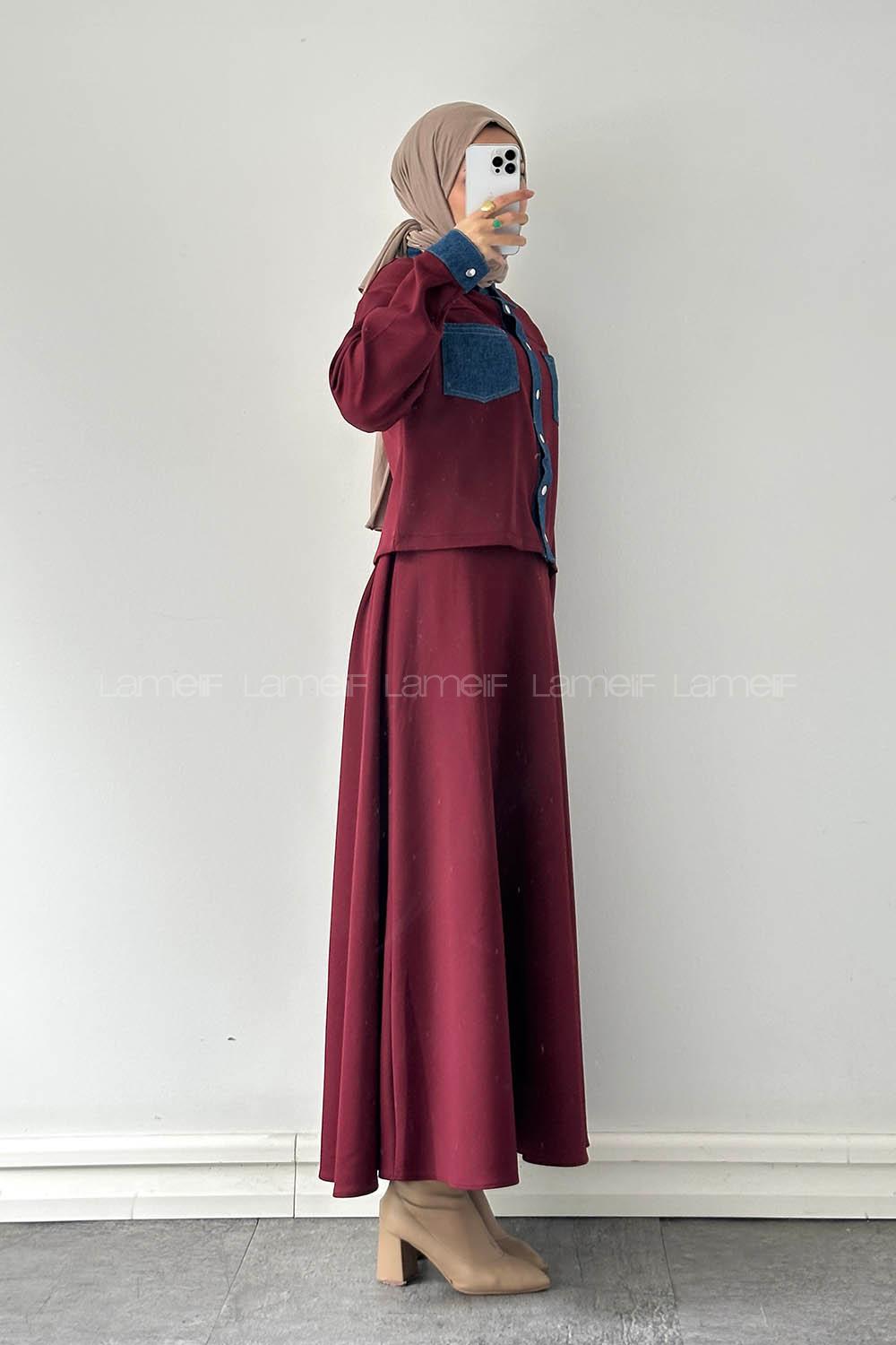 Claret Red Shirt Collar Long Arm Polyester Regular Trousers Flared Skirt Suit