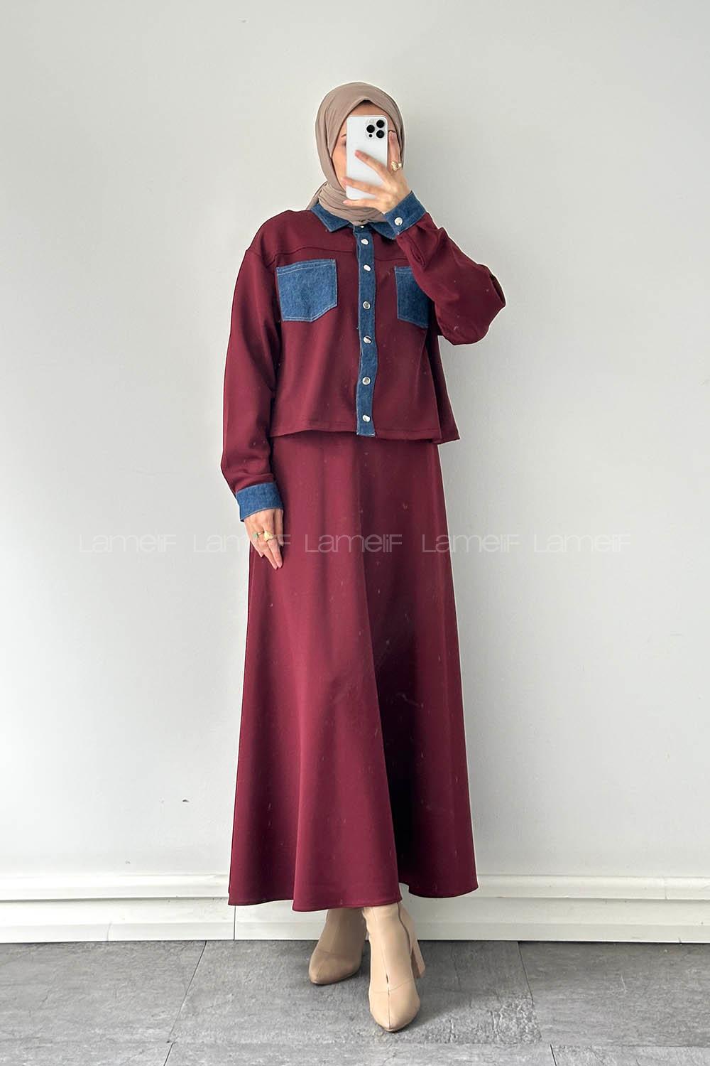 Claret Red Shirt Collar Long Arm Polyester Regular Trousers Flared Skirt Suit