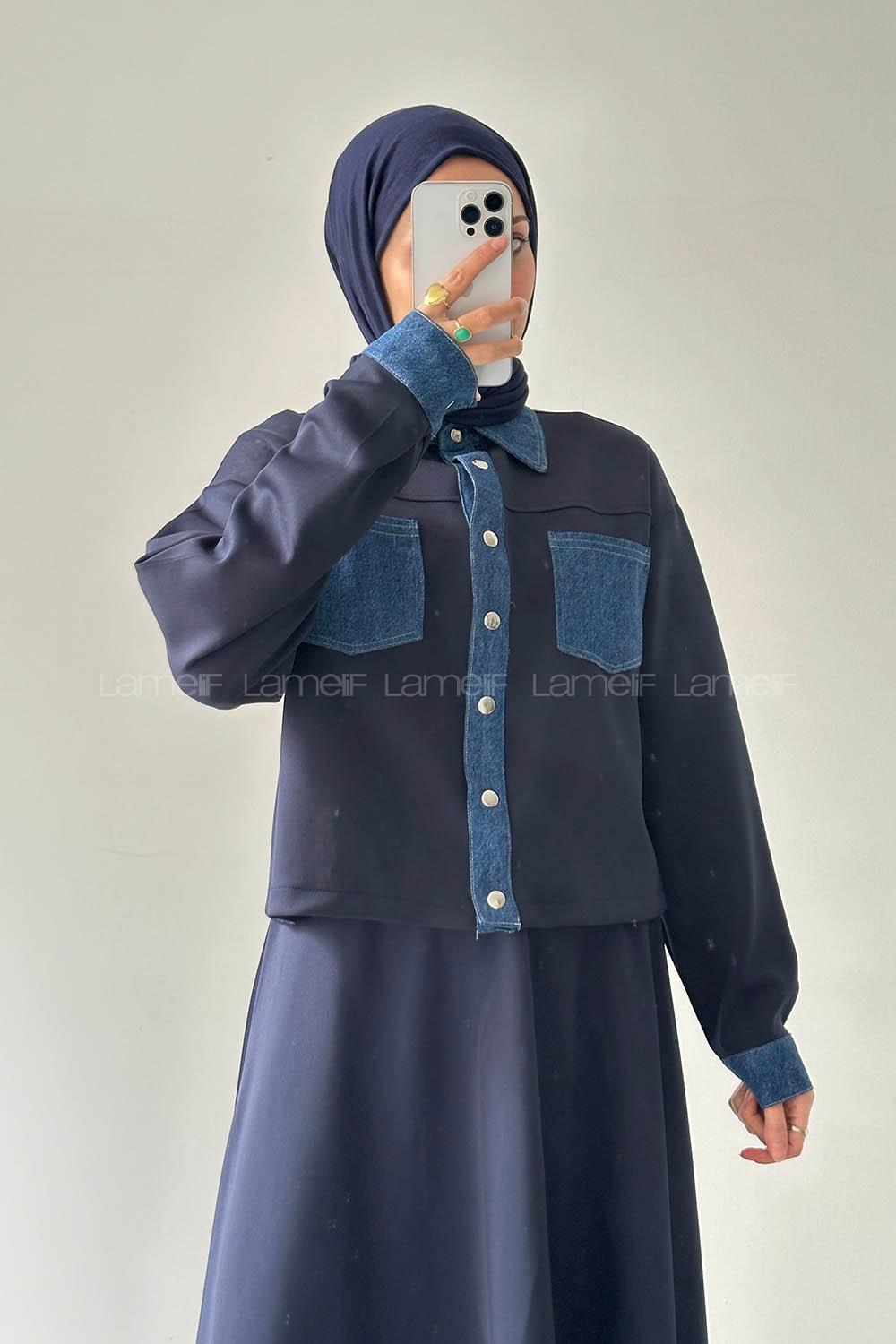 Navy Blue Shirt Collar Long Arm Polyester Regular Trousers Flared Skirt Suit