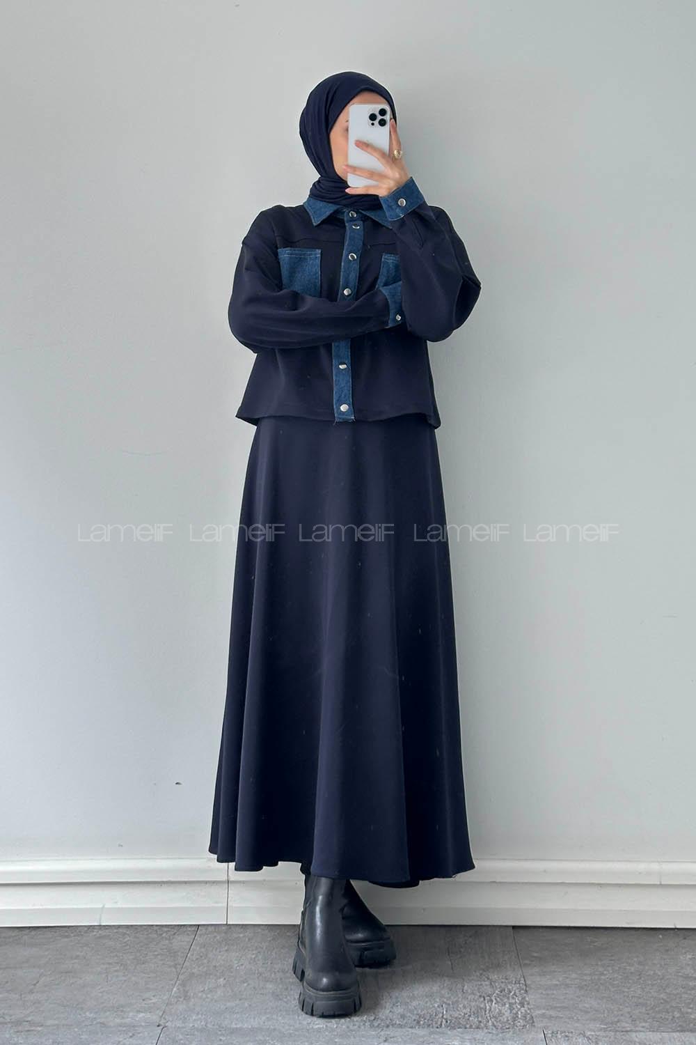 Navy Blue Shirt Collar Long Arm Polyester Regular Trousers Flared Skirt Suit