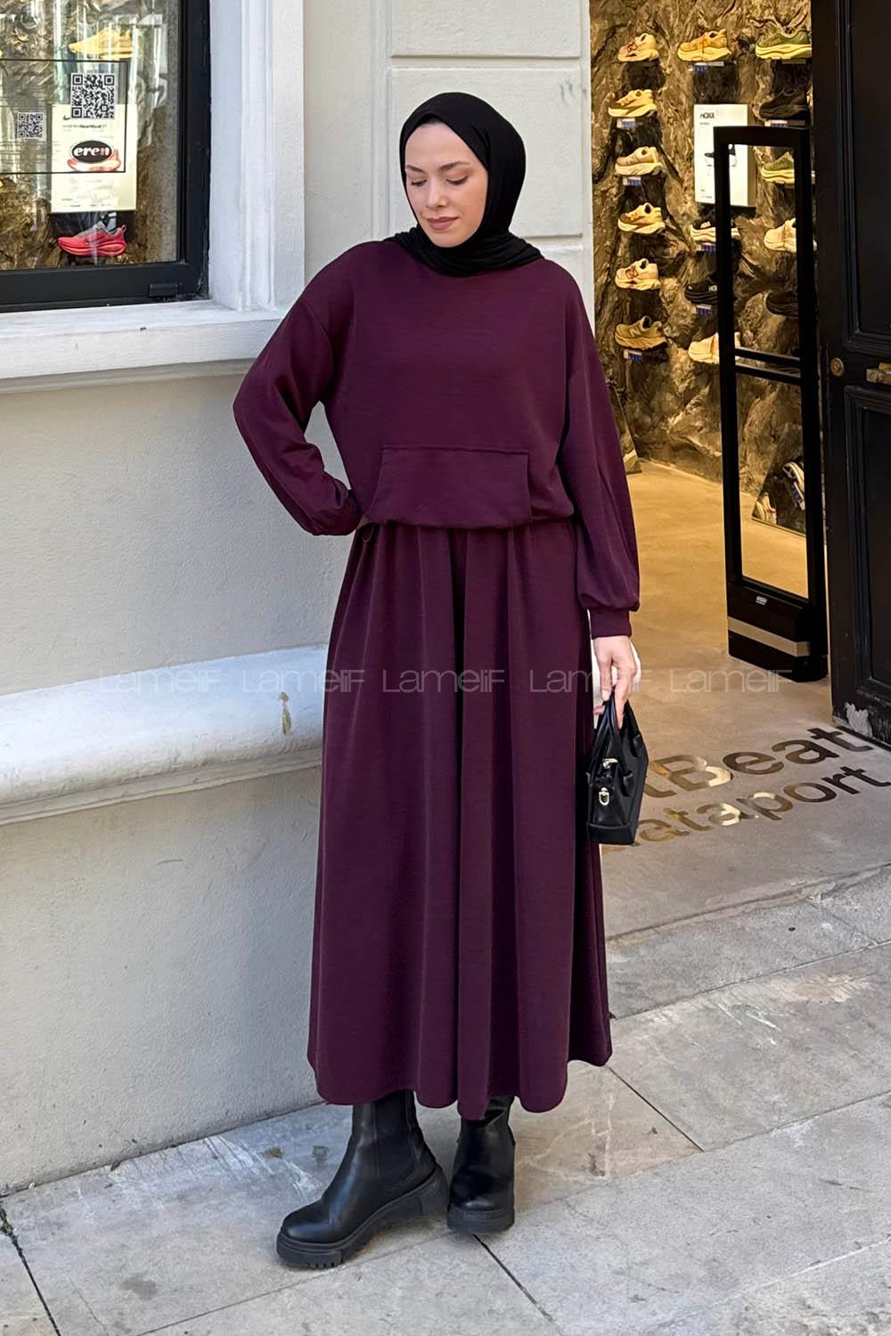 Lamelif Kanguru Cep Etekli İkili Takım Bordo