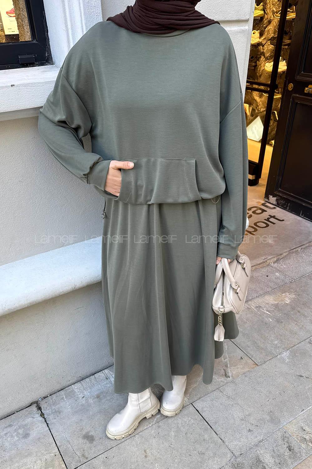 Lamelif Kanguru Cep Etekli İkili Takım Haki