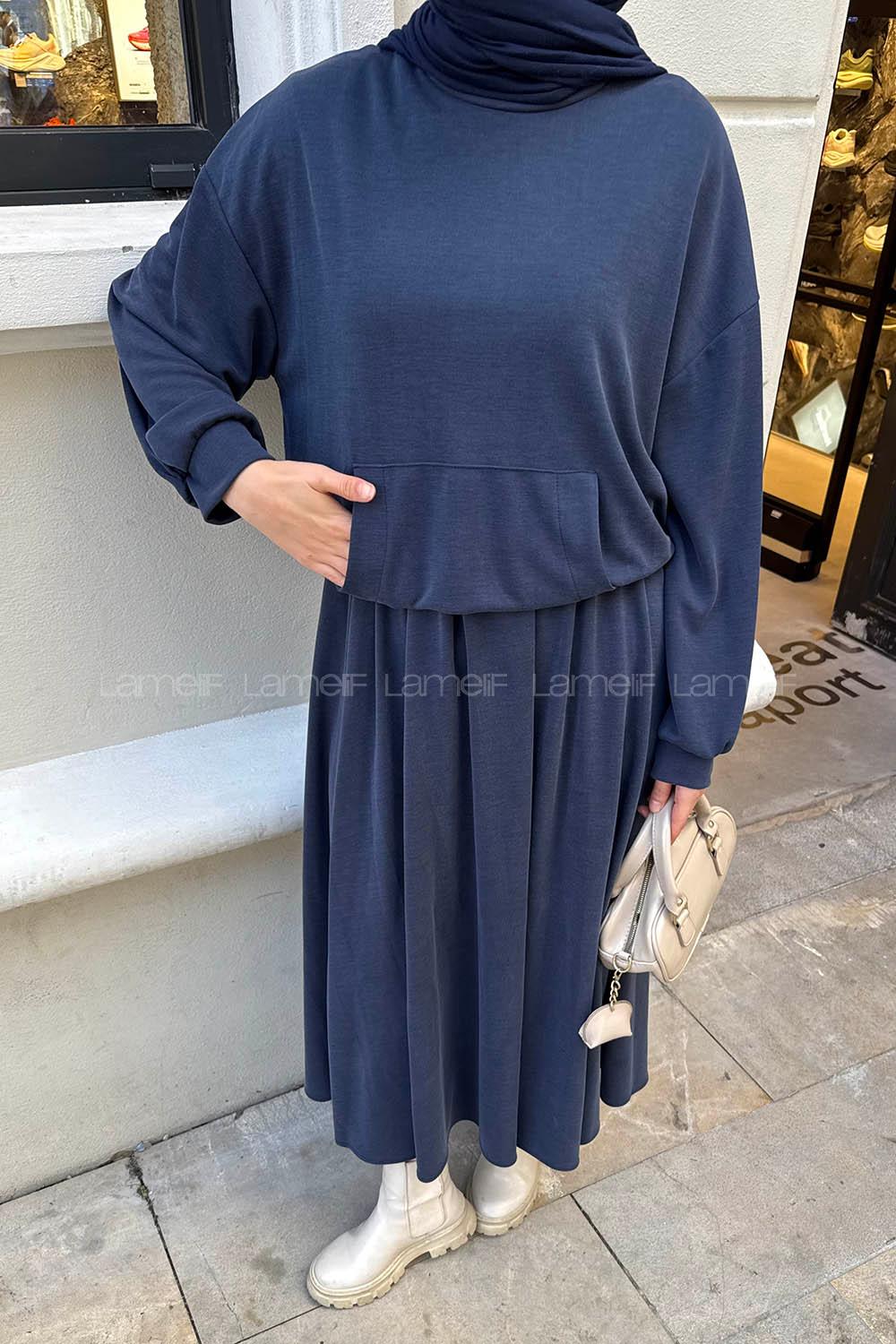 Lamelif Kanguru Cep Etekli İkili Takım Lacivert